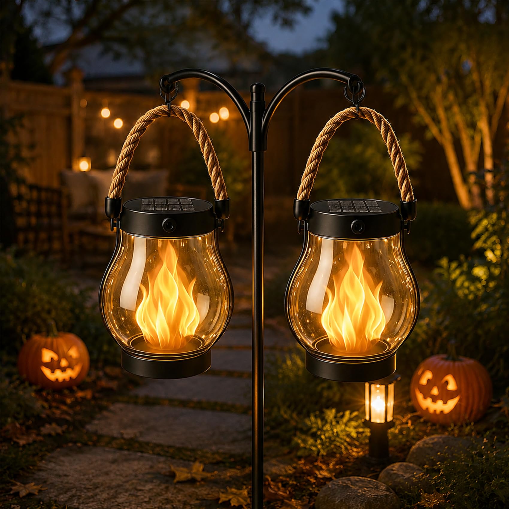Klynero Solar-Laterne mit Flammeneffekt, 2027 NEU Klynero LED Solar Lantern, Solar- und USB-C-Ladung für AußEn Halloween Dekoration, Ideal für Garten, Balkon und Terrasse (2 Stück)
