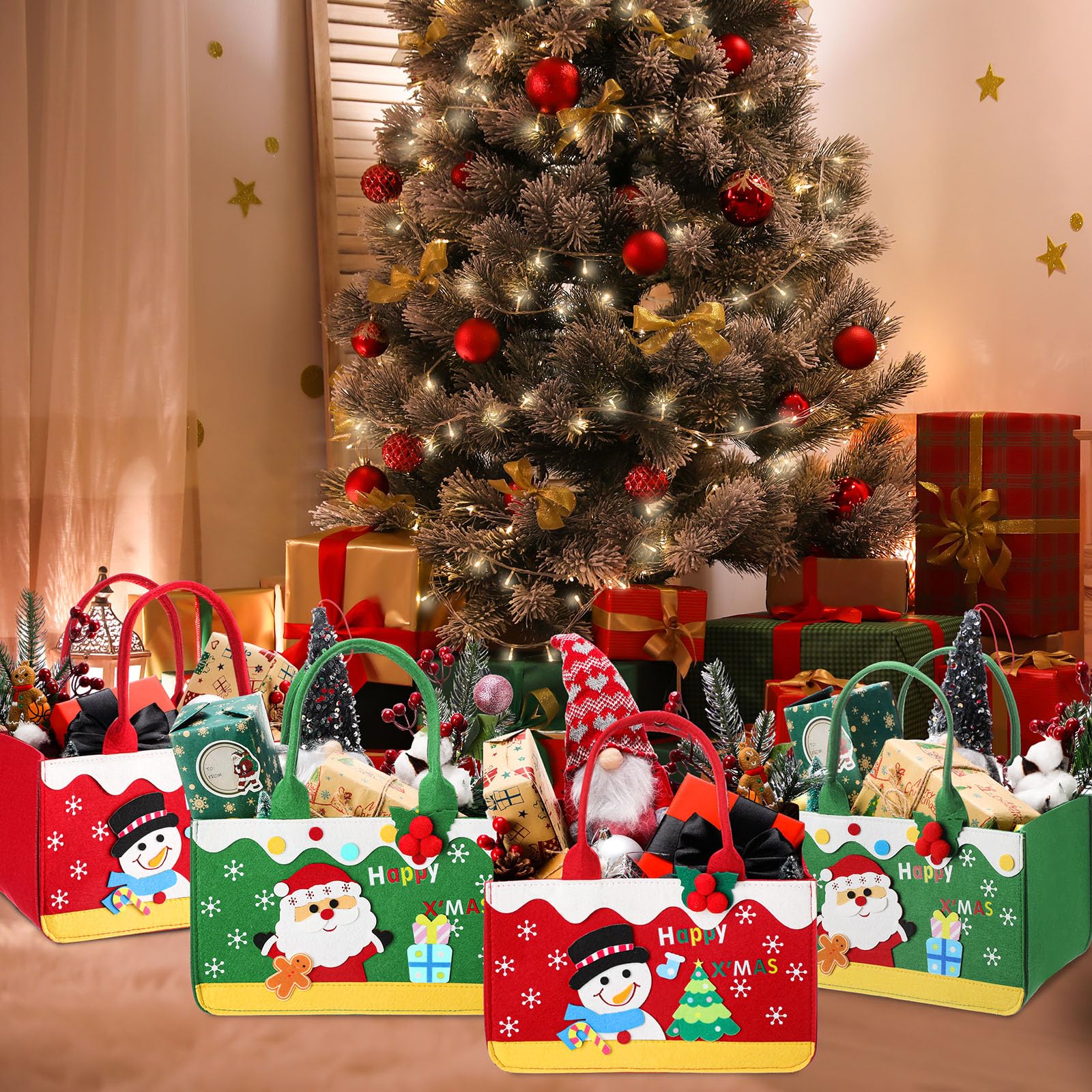 Aliceset Große Weihnachts-Geschenktüten aus Filz mit Griffen, 30 x 20 x 17 cm, wiederverwendbare Geschenkkörbe, leere Leckerli-Tüten, Weihnachts-Süßigkeitentüten für Weihnachten (Weihnachtsmann und