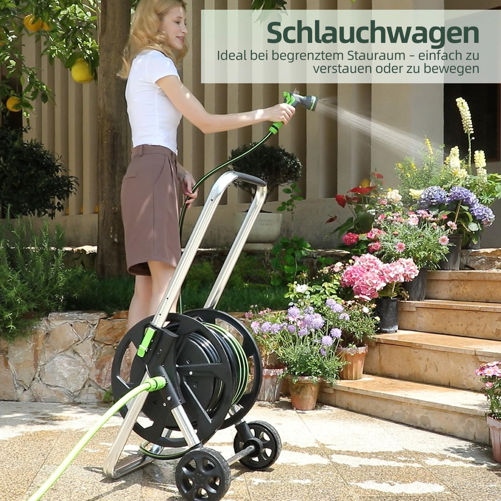 Schlauchwagen aus Metall – fahrbare Schlauchtrommel für 60 m (1/2 Zoll) Schlauch,mit Rädern, Verstellbarem Handlauf & Robustem Metallrahmen,Garten, Platzsparend & Einfach Abnehmbar