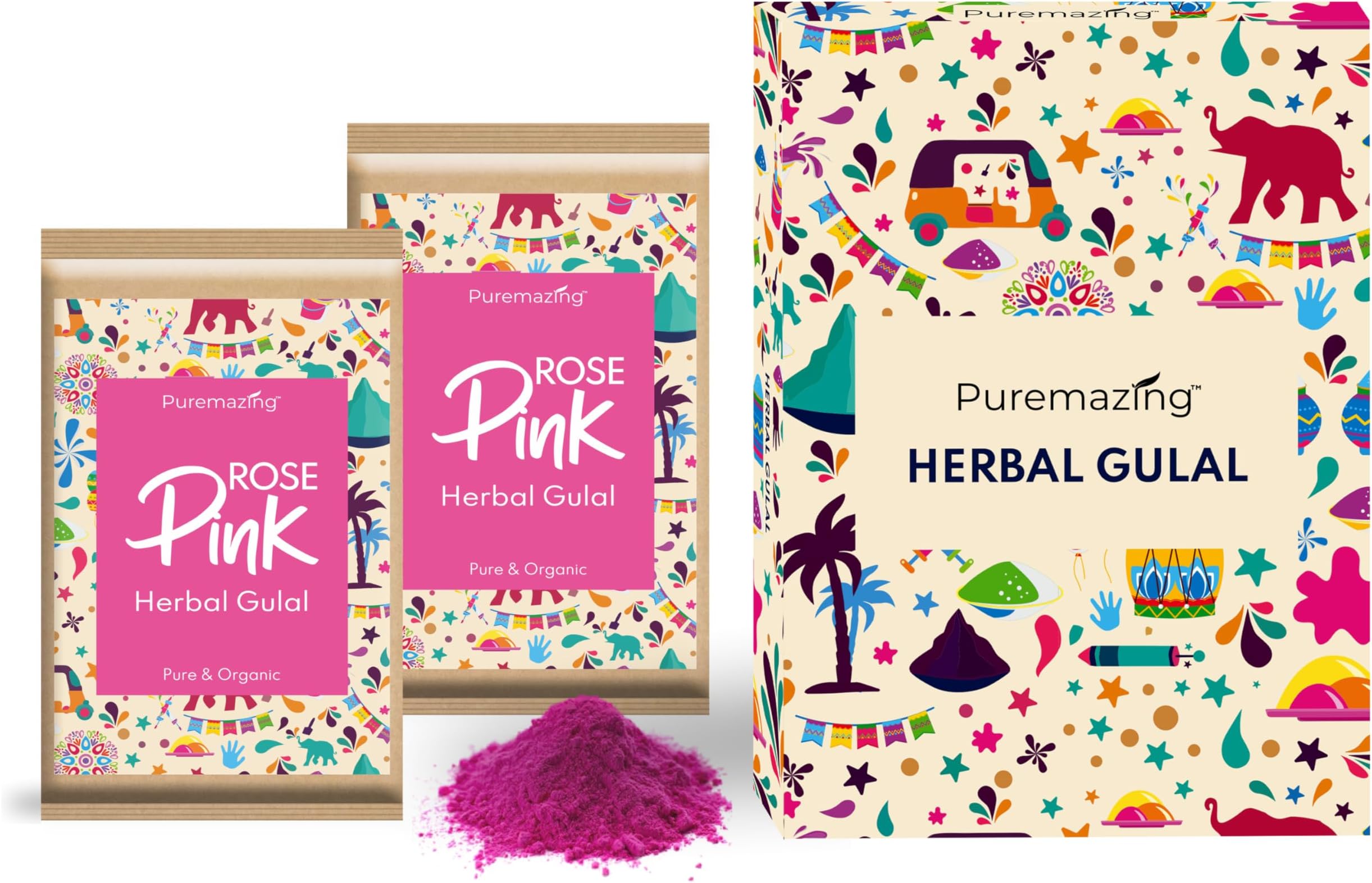 Puremazing by Imvelo Pure Natural Herbal Gulal Holi Colour - Skin Friendly Organic Scented Easy Removal Holi Colours Gulal - Non Toxic Herbal Gulal Rang Holi Colors, Pack of 2, 80 Grams, Multi