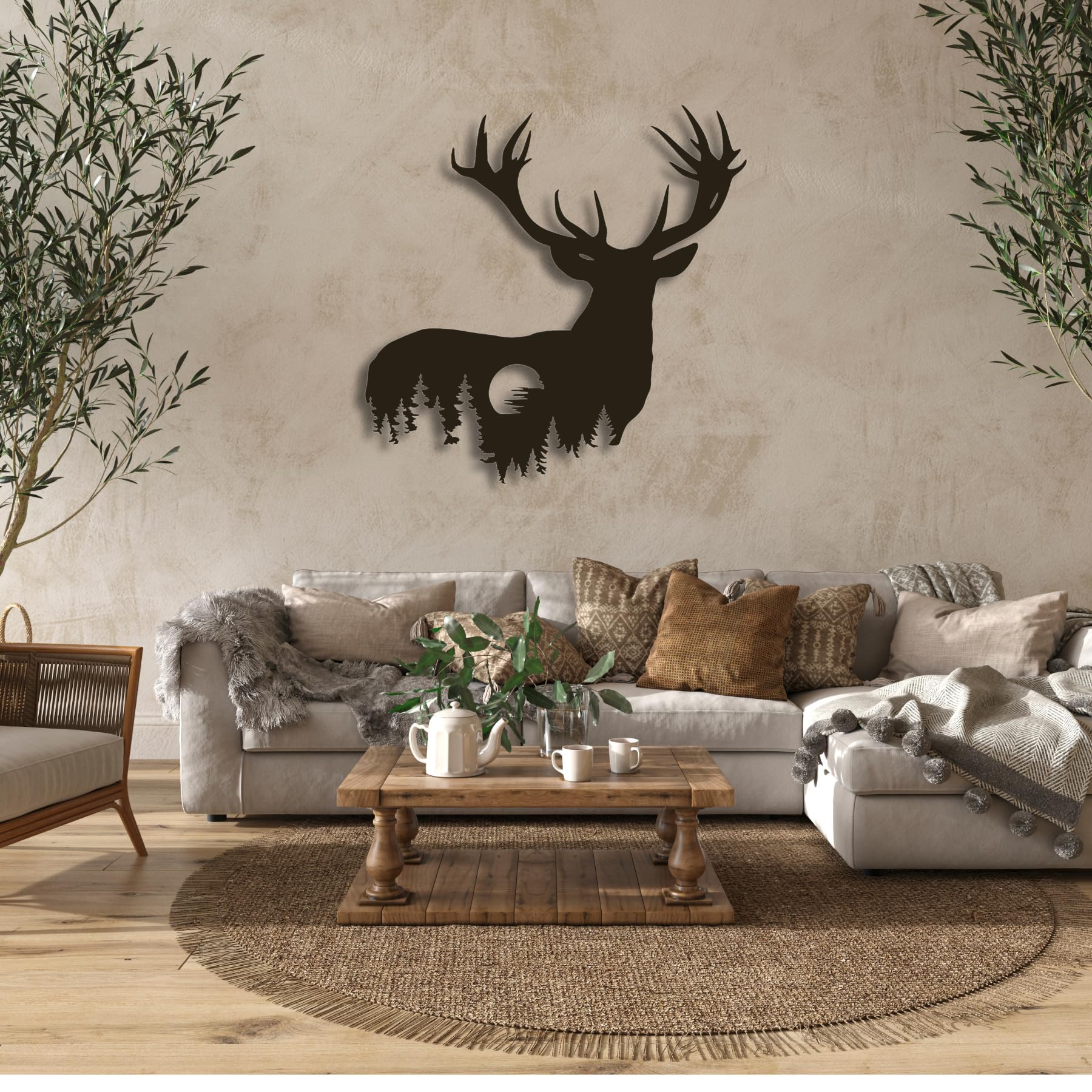 Genérico Cuadro Silueta de Ciervo en 3D - Silueta con Paisaje de Montaña y Abetos - Decoración de Pared Elegante y Moderna en Madera MDF - Arte Natural para Salones, Dormitorios u Oficinas