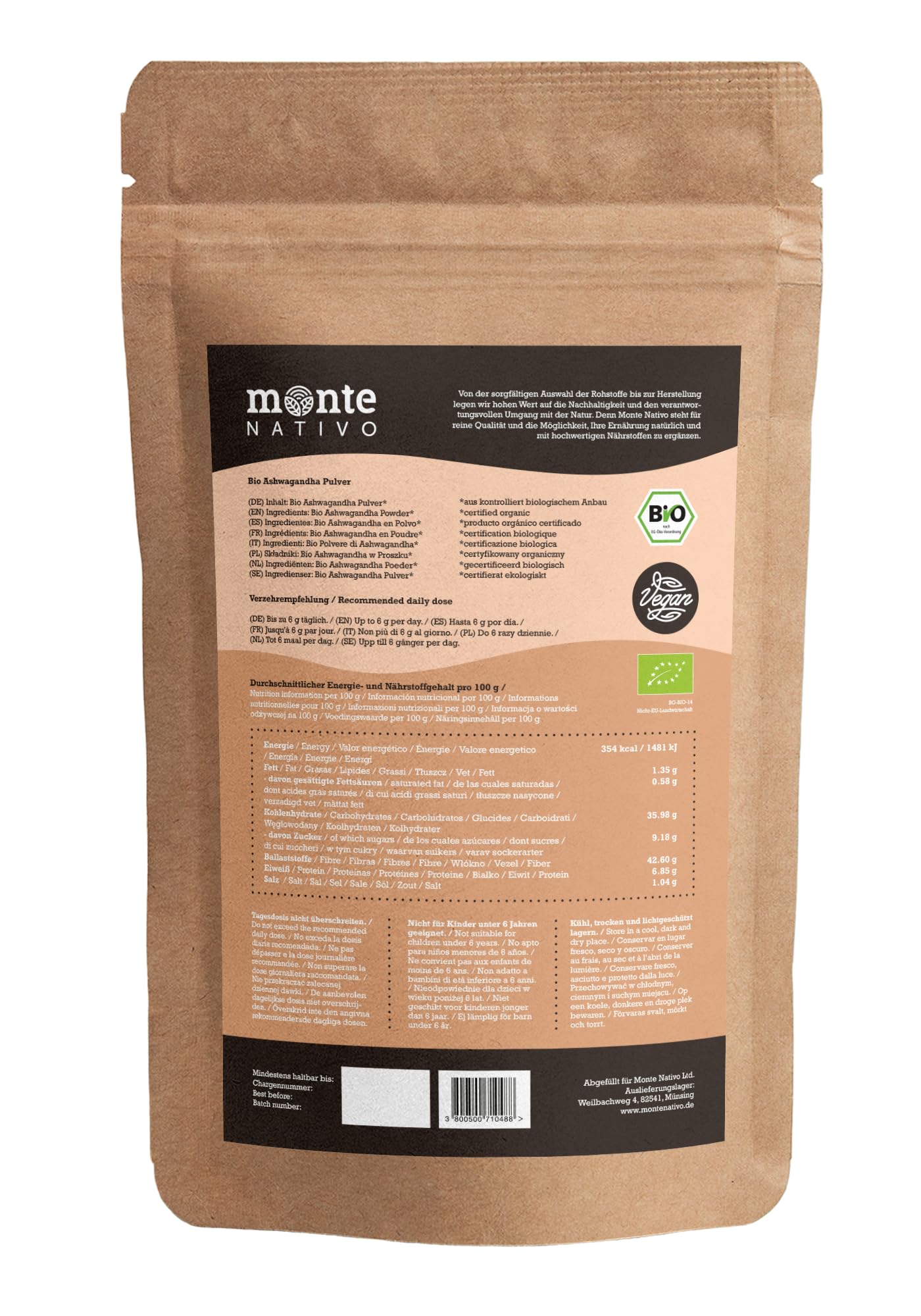 Polvo orgánico de Ashwagandha de Monte Nativo - 700g - Polvo de Raíz Molida - Ginseng Indio - Cereza de Invierno - Withania Somnífera - Certificado Orgánico - Probado en Laboratorio