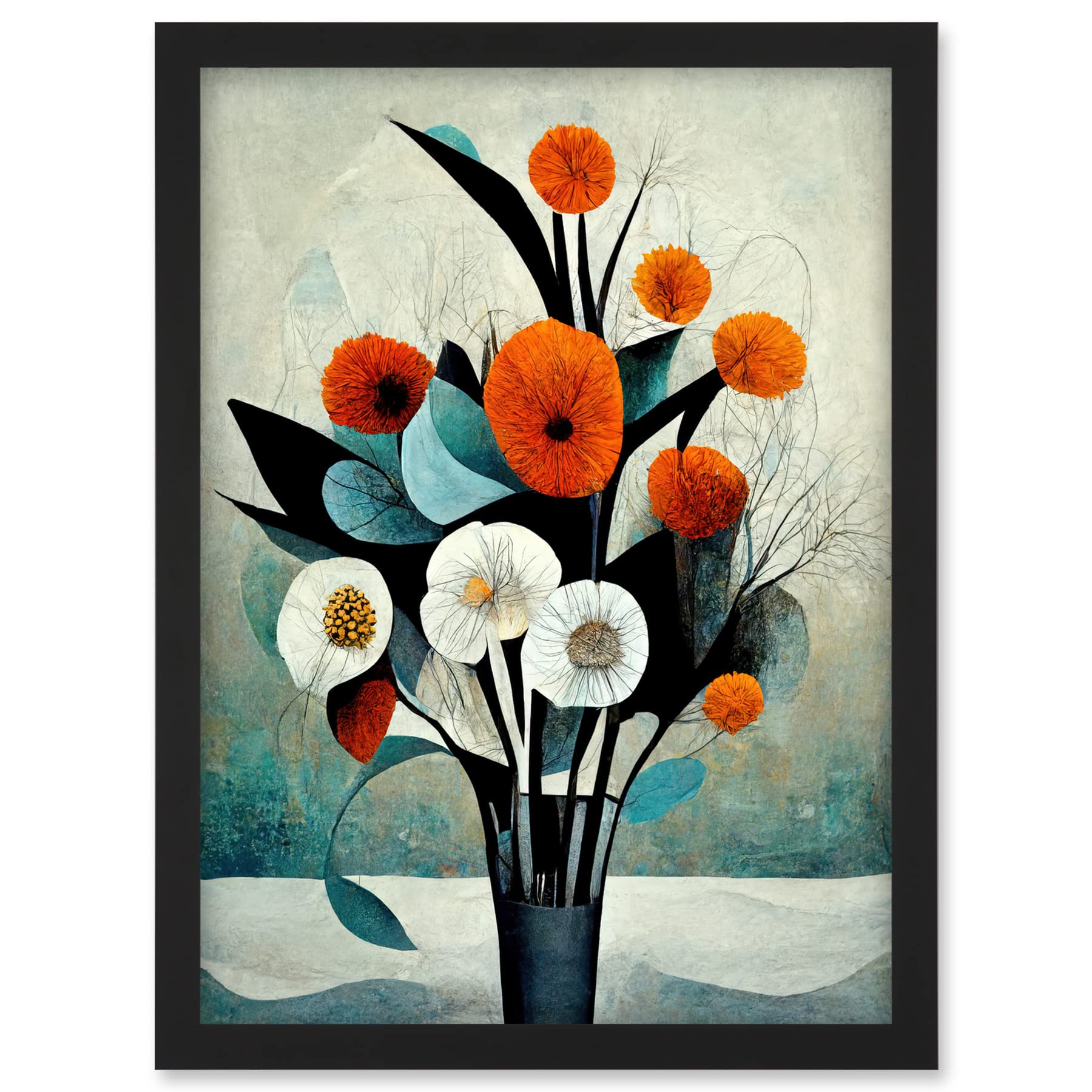 Doppelganger33 LTD Flowers Floral Display Bouquet Modern Abstract Teal Orange Artwork Framed A3 Wall Art Print