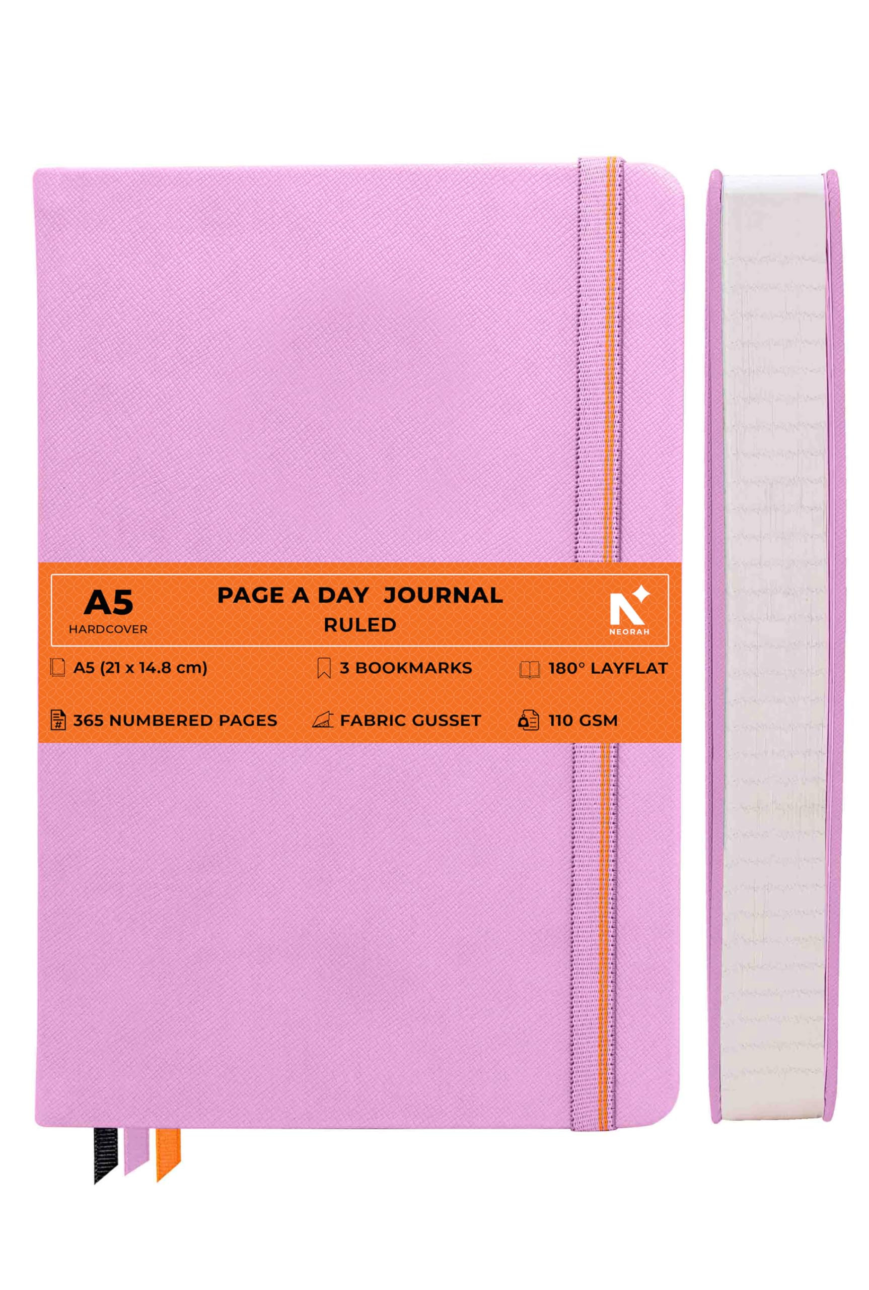 NEORAH —A5 RULED | 368 Pages - 110 Gsm | PAGE A DAY JOURNAL (21x14.8 cm)-Hardcover RULED Notebook |Back Pocket|3 Silk Book Mark-Completely HANDMADE for Journaling,Note Taking- LAVENDER