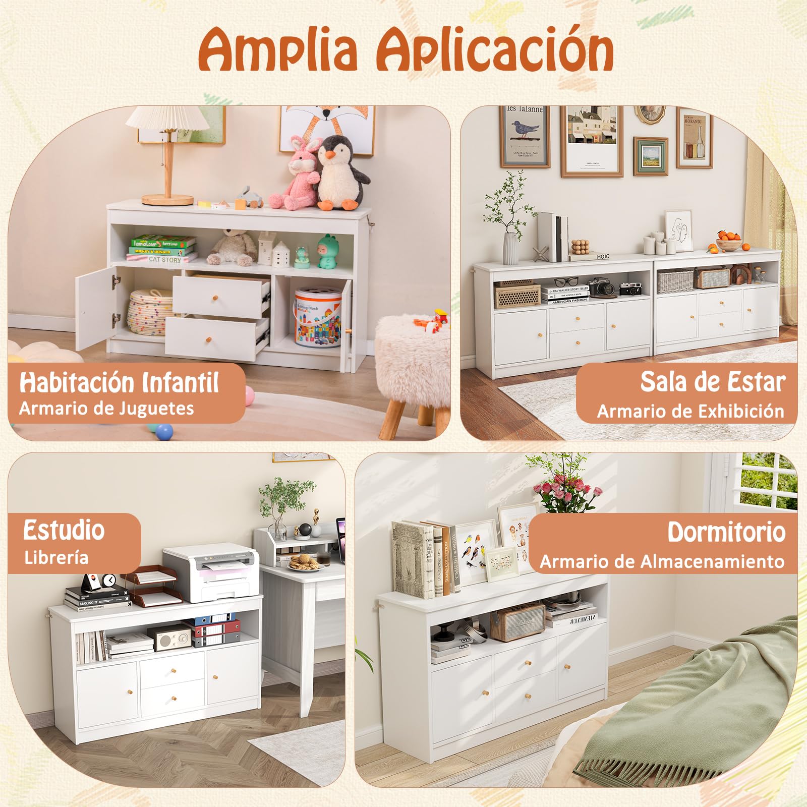GOPLUS Organizador de Almacenamiento de Juguetes para Niños, Estantería con 2 Cajones, 2 Gabinetes Cerrados y 1 Compartimento Abierto, Mueble de Madera para Sala de Juegos (Blanco)