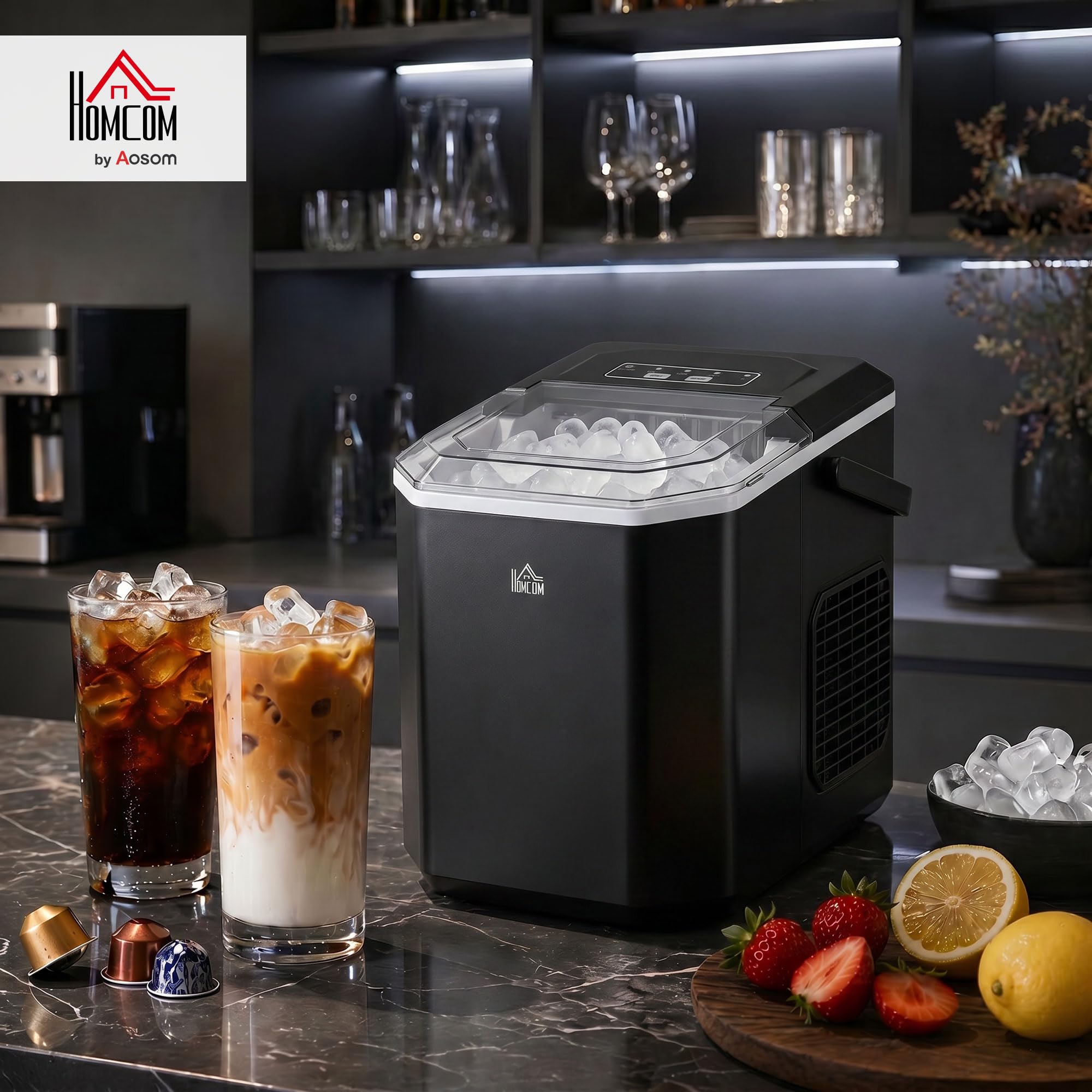 HOMCOM Macchina del Ghiaccio Autopulente 12kg/24h, 9 Cubetti in 6-13 Minuti con Cesto e Paletta, Macchina per il Ghiaccio in PP e Rame, 22.2x29.4x29 cm, Nera