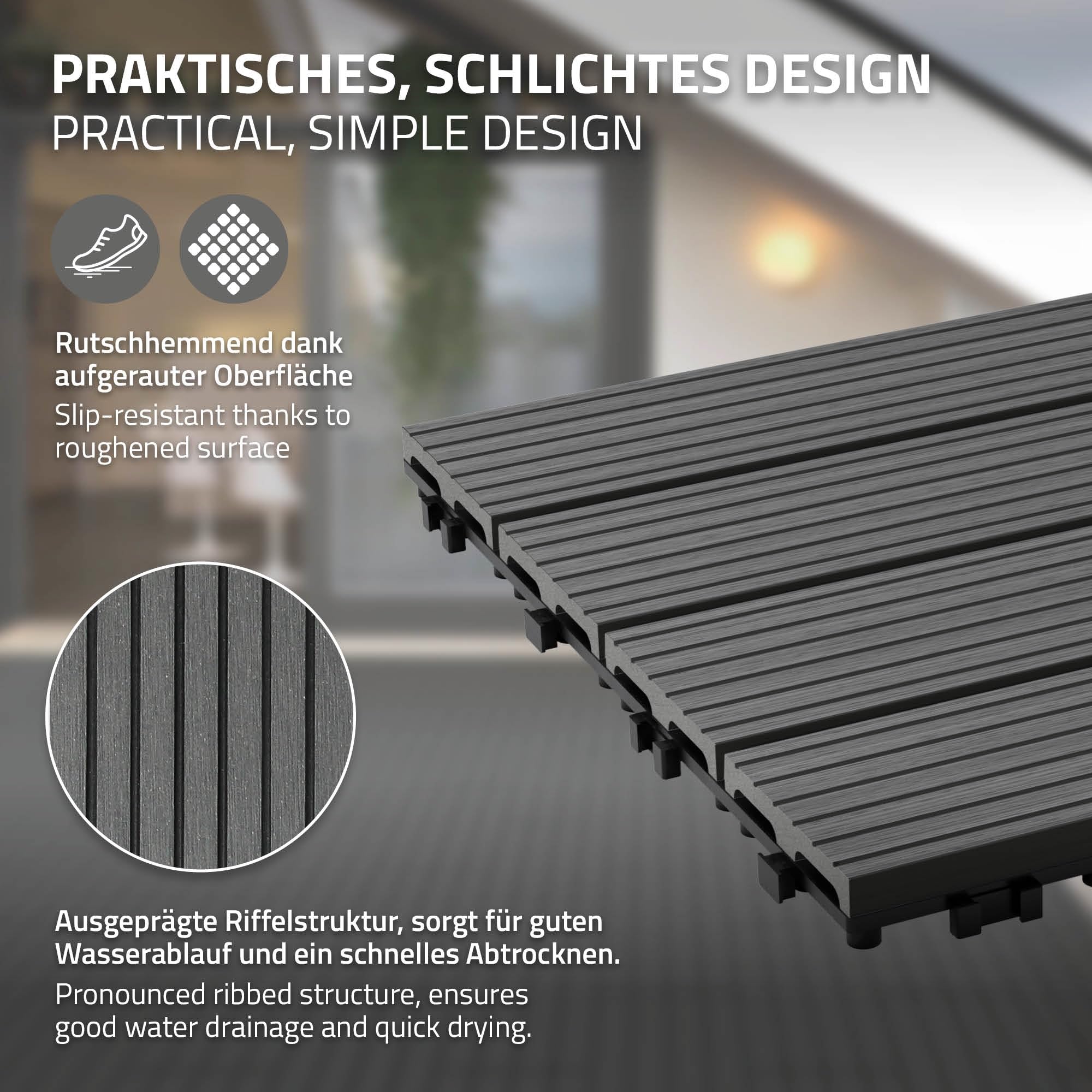 ECD Germany Dalles Terrasse Clipsables WPC 60x30 cm/12 pièces=2m² Anthracite Strié Aspect Bois Panneaux avec Système à Clic et Drainage Revêtement de Sol Carrelage Lames Patio Jardin Extérieur
