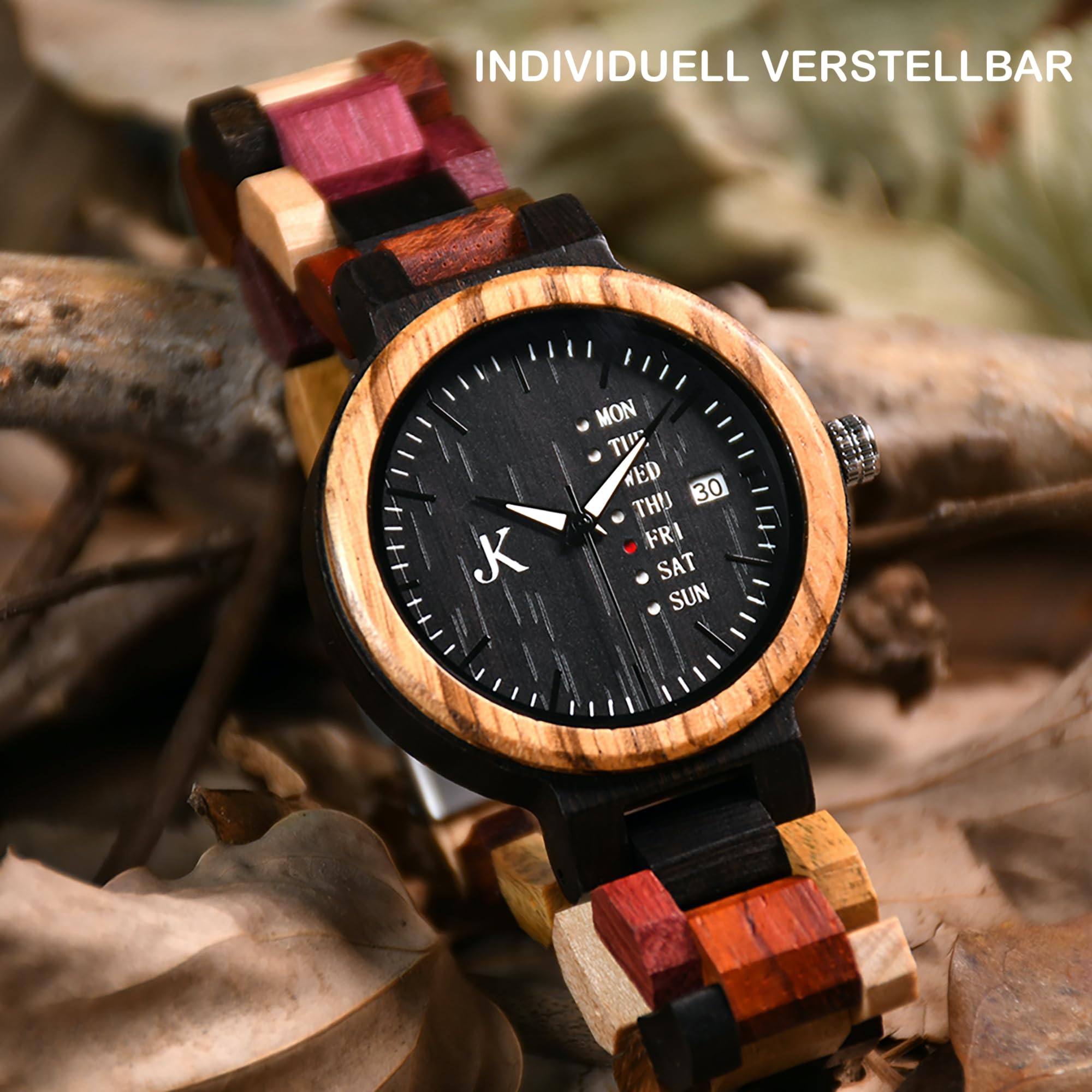 KIM JOHANSON® Holz-Edelstahl Armbanduhr *Week* für Damen und Herren | Mit Datum- & Tagesanzeige | Handgefertigt | Quarz | Analog Uhr | Vegan | Geschenk | Silber | Verstellbares Armband | Inkl Uhrenbox