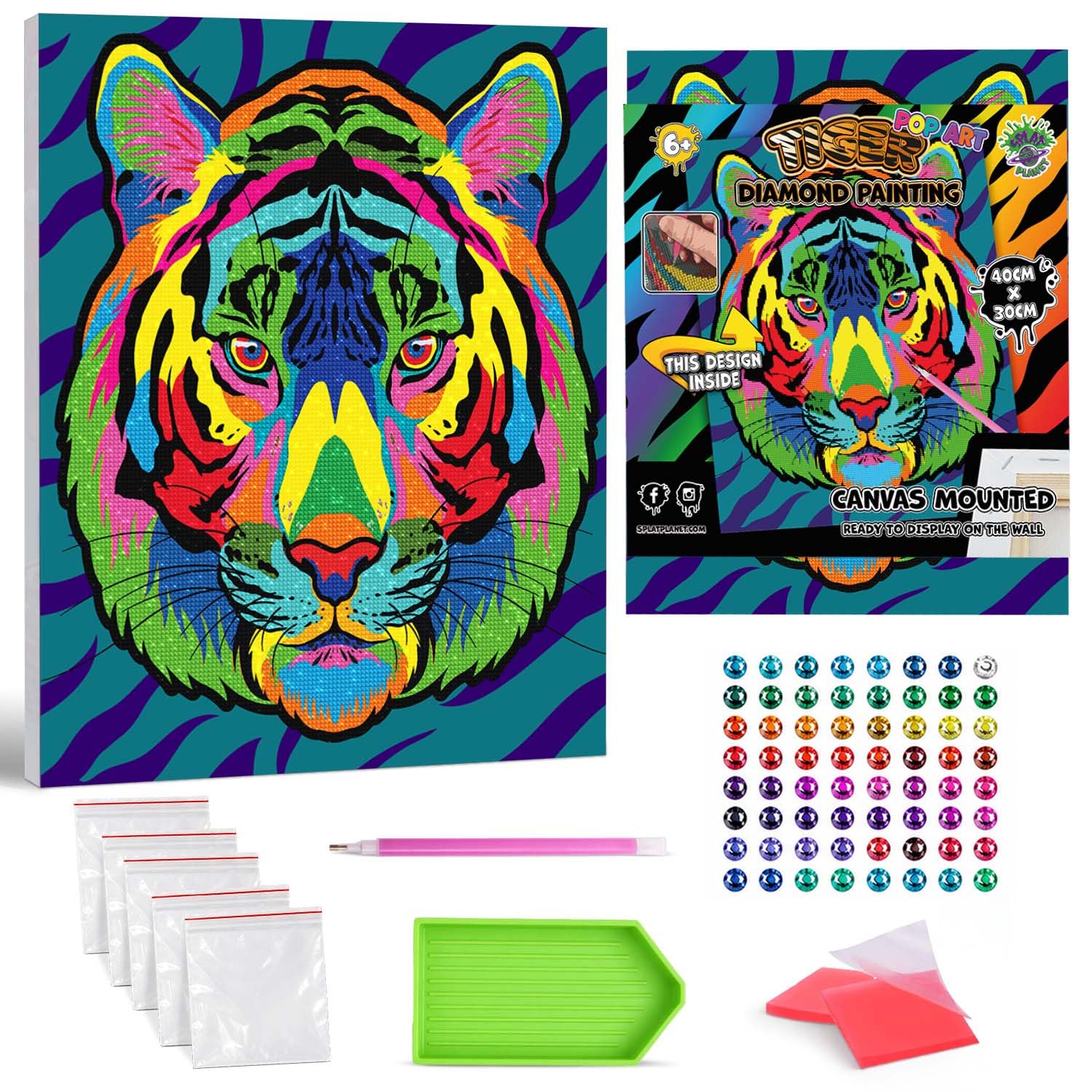 Splat Planet Tiger Framed Diamond Painting Kit, Rhinestone, Framed Diamond Art, 5D Diamond Painting Kit, Home Wall Decoration,Arts and Crafts for Adults,Kids,30x40cms