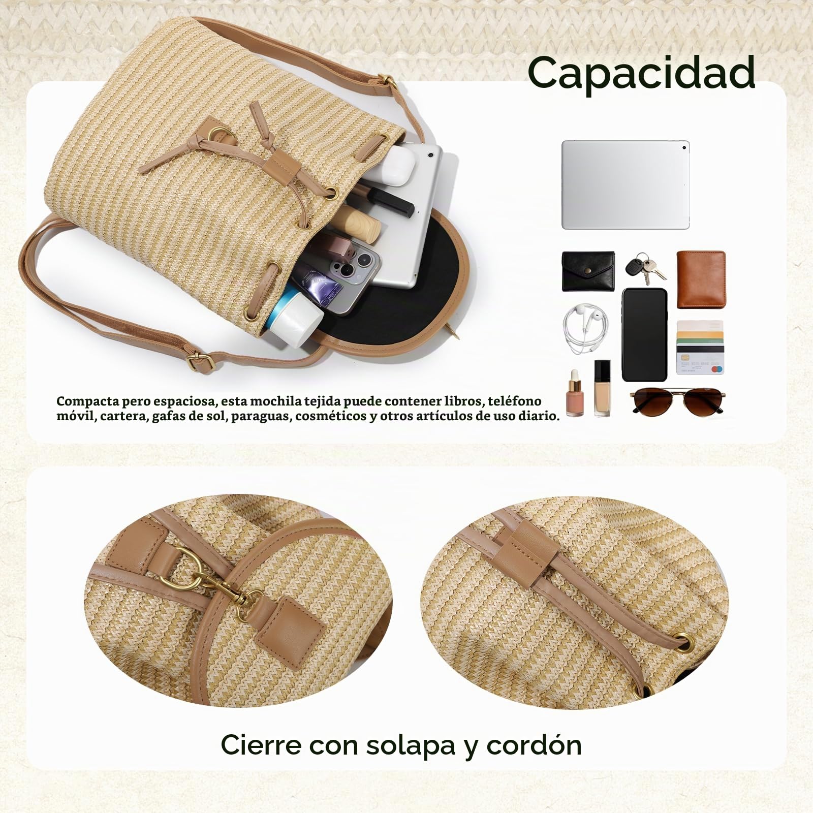 Mochila de paja tejida de mujeres Mochila de moda Mochila de verano de vacaciones en la playa