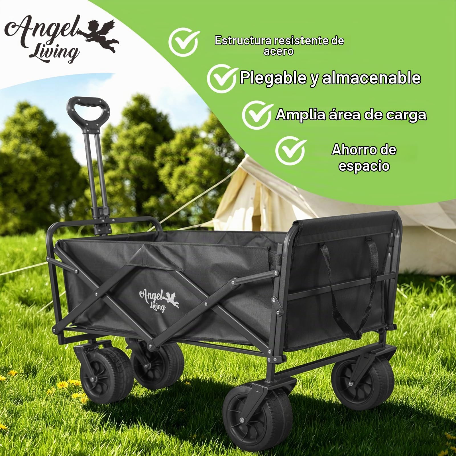 Angel Living 350L Carro Plegable de Mano con Frenos, Carrito de Playa con Ruedas Grandes de 7 Pulgadas, Carro de Camping de Todoterreno con Puerta Trasera Ajustable, para Camping, Deporte, etc