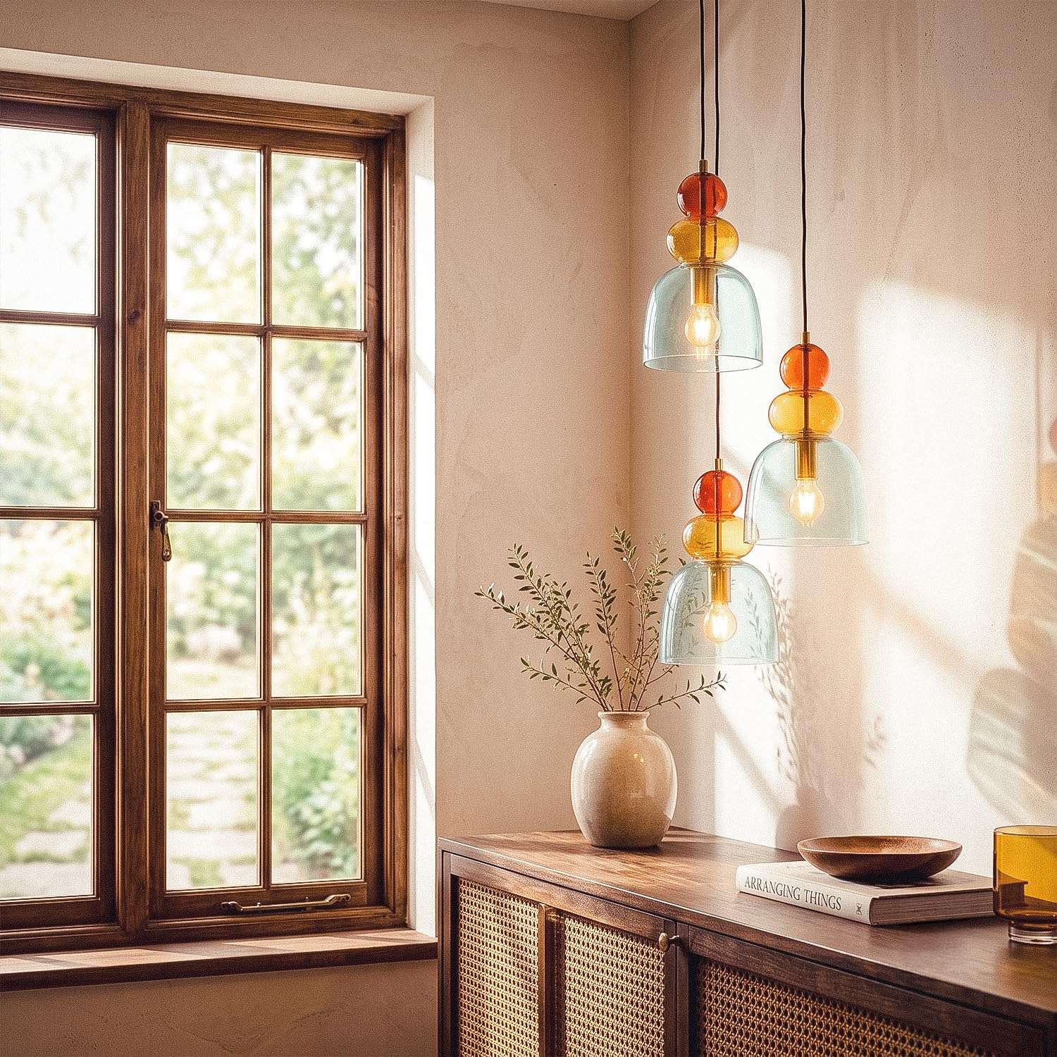 LEDKIA Lámpara Colgante Metal y Cristal Tri Baudelaire Verde | Diseño Vintage Elegante | Compatible con Bombillas E14 | Ideal para Salón; Dormitorio; Oficina
