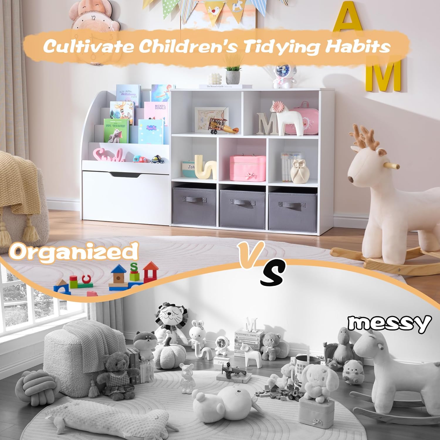 Kids Bookshelf and Toy Storage, 58.5’’ Toy Storage Organizer with Movable Chests & 3 Storage Bins, Large Kids Reading Nook Toy Organizers and Storage with 5 Cubbies for Playroom, Bedroom, White - Image 6