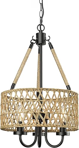 HWH - Lámpara de araña bohemia de 3 luces, lámpara colgante de ratán de granja, accesorios de iluminación costeros grandes, lámpara de mimbre tejida