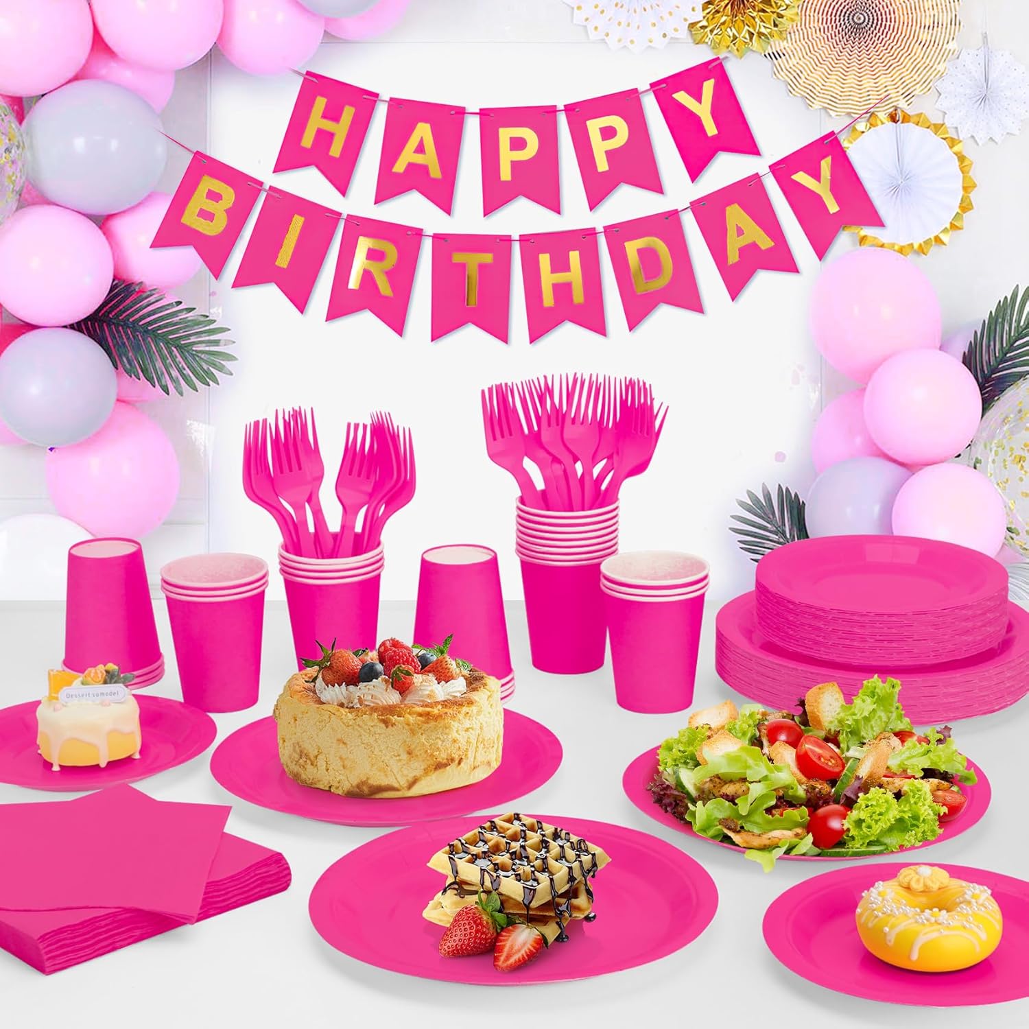 250Pcs Hot Pink Paper Plates and Napkins Supplies, Include 9’’Paper Party Plate, 7’’Dessert Plates Cups Napkins Forks Sets for Birthday, Anniversaries, Wedding, Picnics, Serves 50