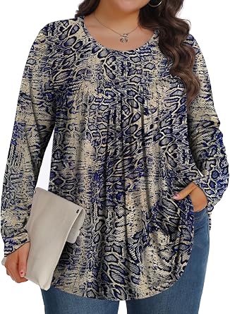 Tencede Women Plus Size Tops Long Sleeve Shirts Casual Loose Tunic Blouse