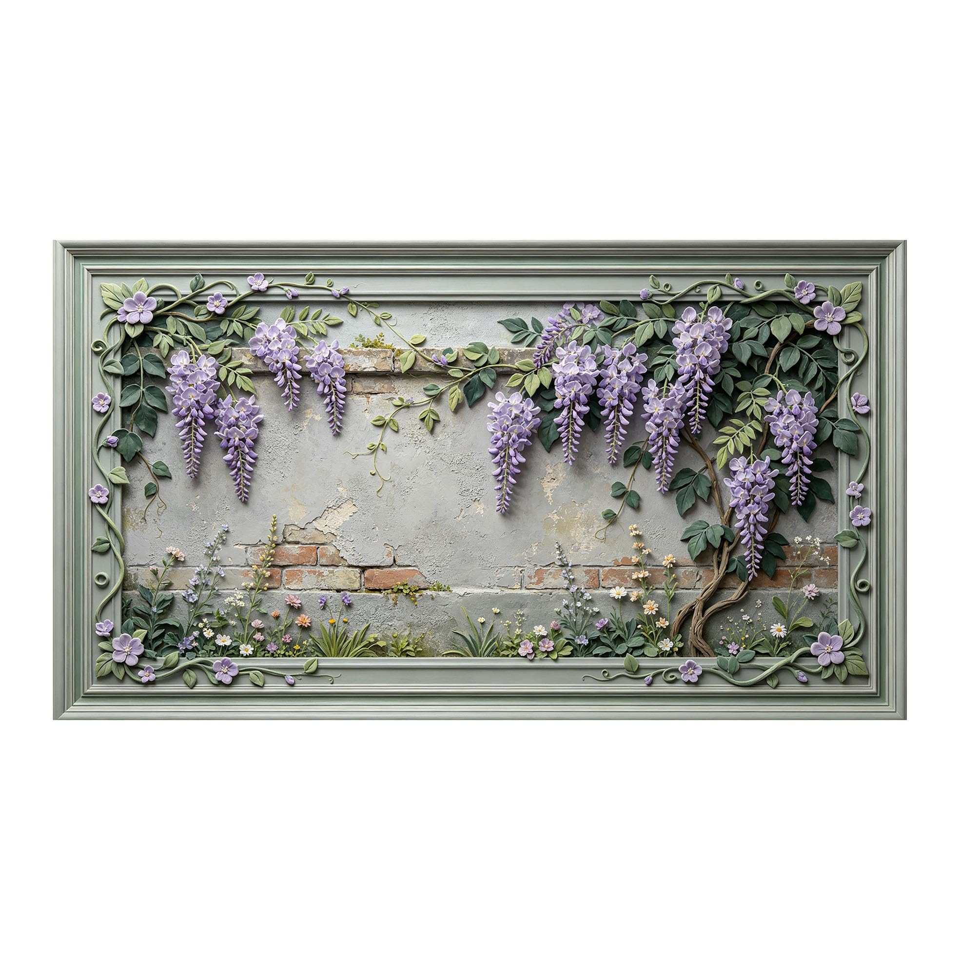 Murasolite 3D Framed Wall Art Wisteria Floral Garden Vintage Brick Wall Relief Effect SelfAdhesive Fabric Mural Wall Decor,No Damage to Wall,AntiFall Safe Design for Bedroom Living Room