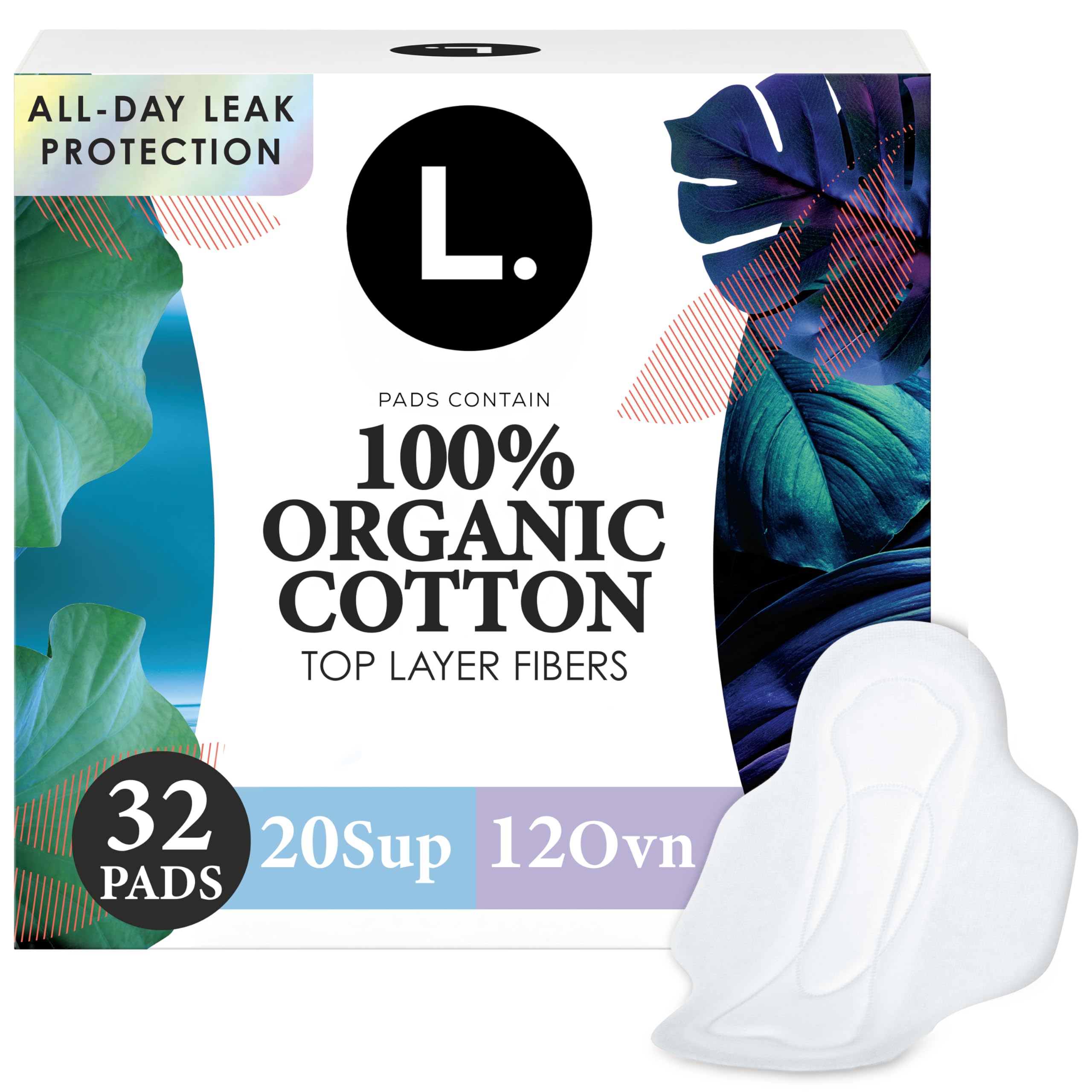 L. Ultra Thin Pads for Women, Organic Cotton Top Layer, Super + Extra Long Overnight Duo Pack Absorbency, Menstrual Pads with Wings, 32 Count