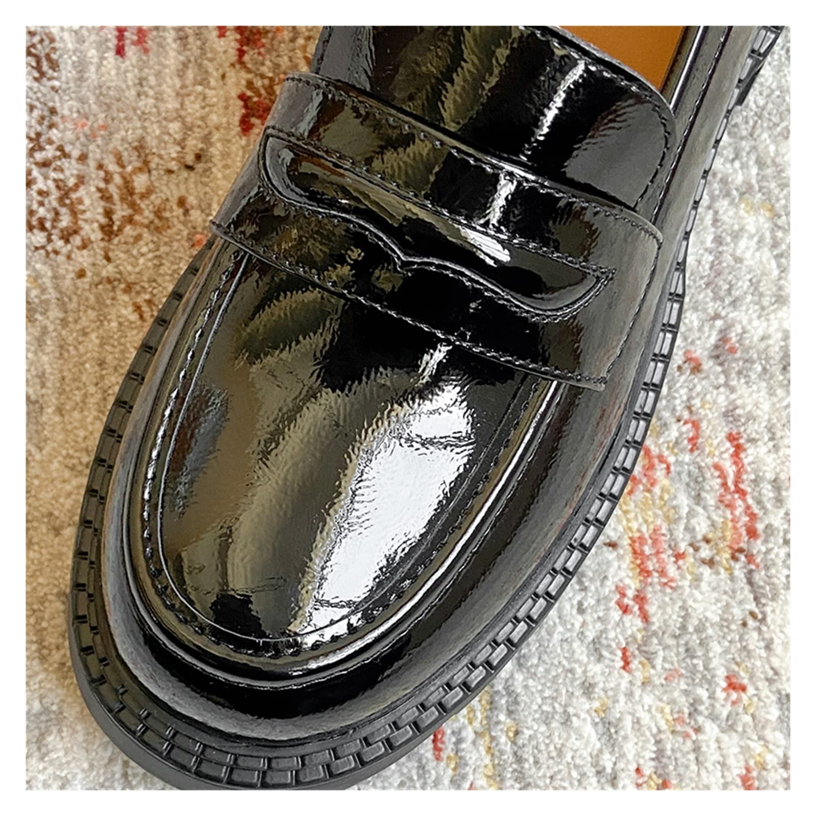 Buty damskie Damskie mokasyny Lakierowane grube obcasy Czółenka Okrągłe Toe Przyczynowy Med Heel Obuwie damskie Wiosna Jesień Czarny