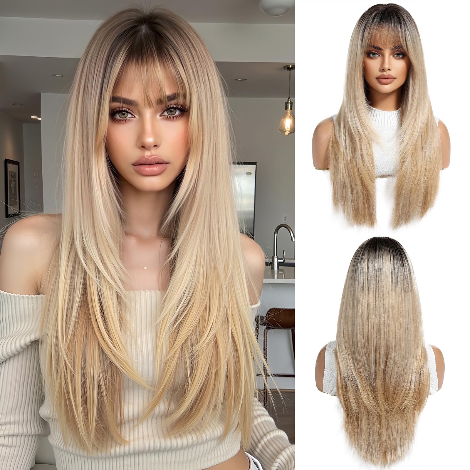 OUFEI Ombre Blonde Wigs for Women with Bangs Long Natural Straight Synthetic Hair Heat Resistant Wigs for Daily Party Cosplay Wear