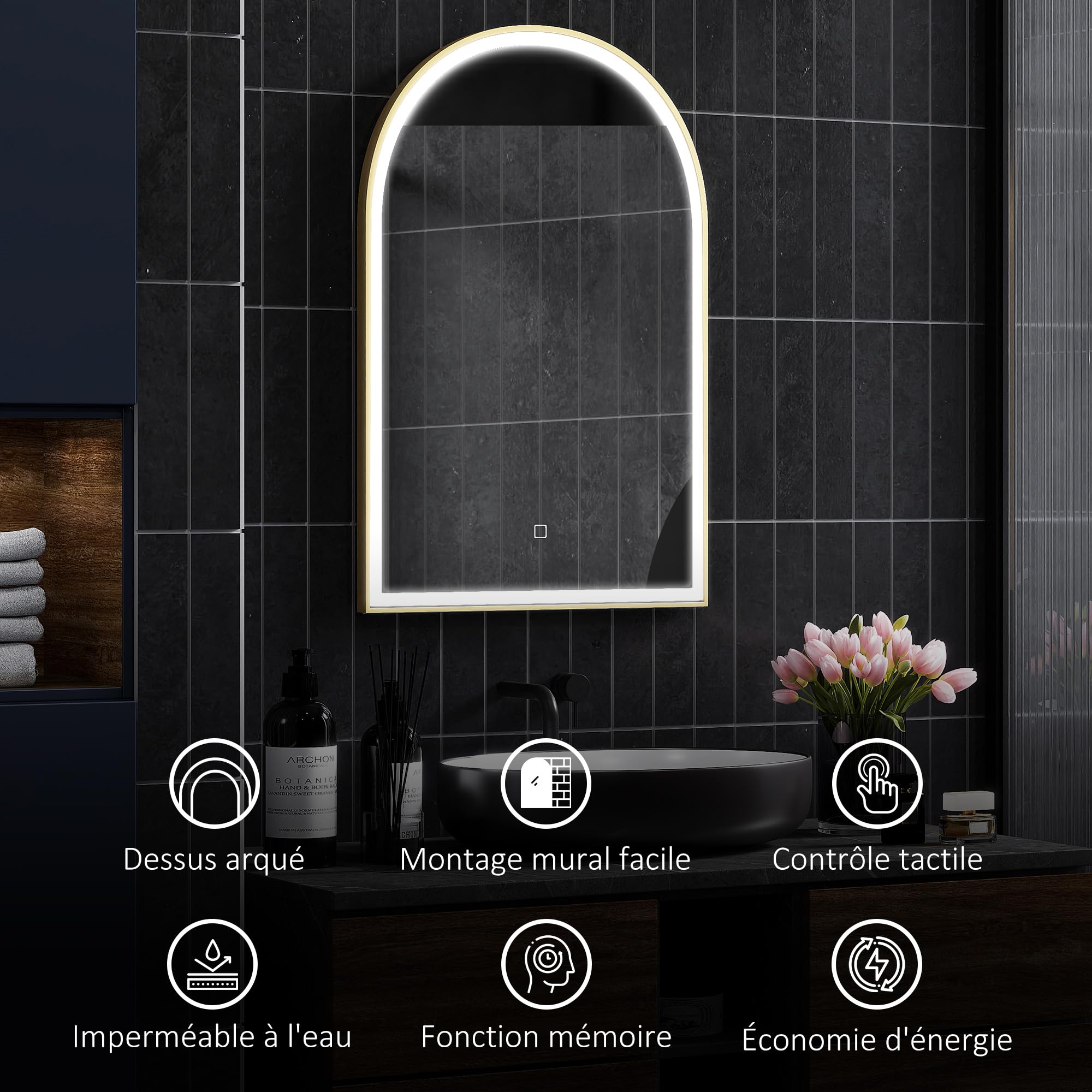 HOMCOM Miroir Salle de Bain avec éclairage LED 90 x 60 cm, Miroir Mural arqué, lumière réglable 3 Couleurs, Anti-buée, mémoire, Interrupteur Tactile, Miroir Salle de Bain, Cadre en Aluminium, doré