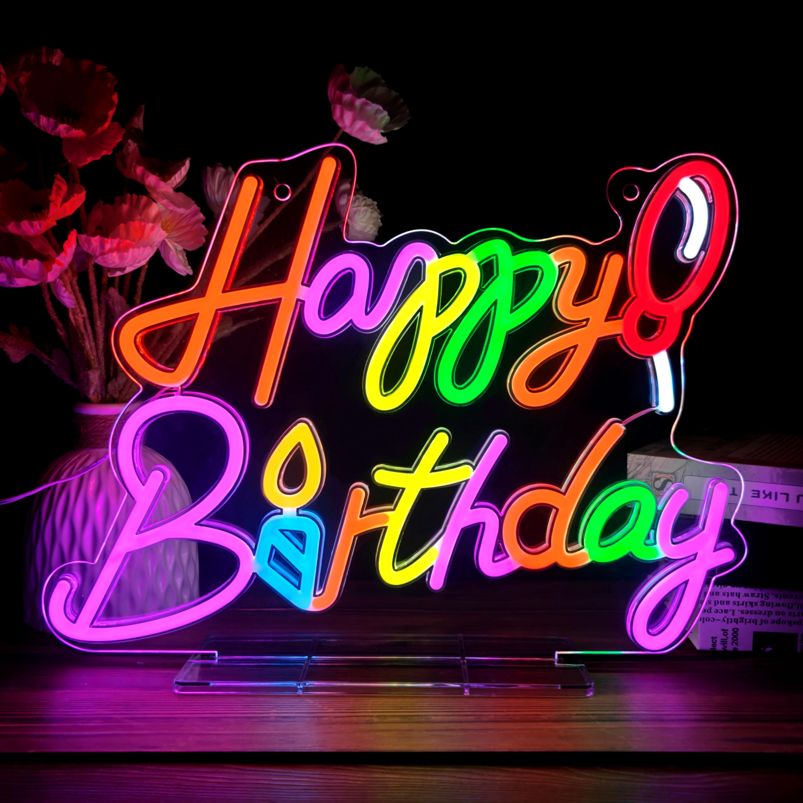 'Happy Birthday' neonowy znak LED z balonem i świecą, wielokolorowy, dekoracja na imprezę, do fotobudki i wydarzeń, zasilany przez USB, znak na prezent urodzinowy, 40 x 20 cm