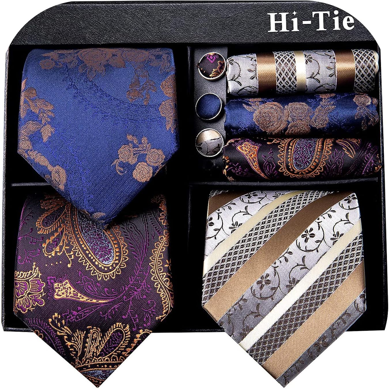 Hi-Tie Classic Men's Blue Paisley Woven Silk Tie NeckTies Set Pack of 3 in Gift Box : Clothing, Shoes & Jewelry