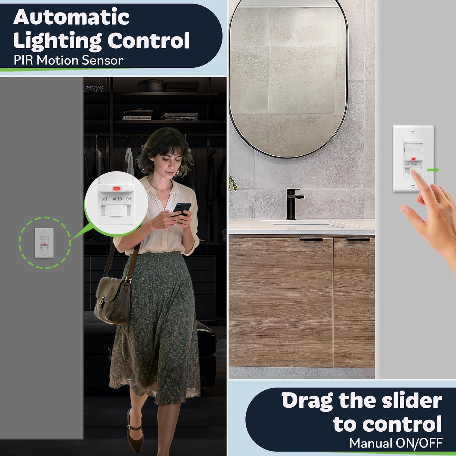 TOPGREENER Occupancy/Vacancy PIR Motion Sensor Light Switch, Learning Function, No Neutral No Ground Required, 200W Incandescent / 150W LED Load, UL Listed, Wall Plate, White, 4 Pack