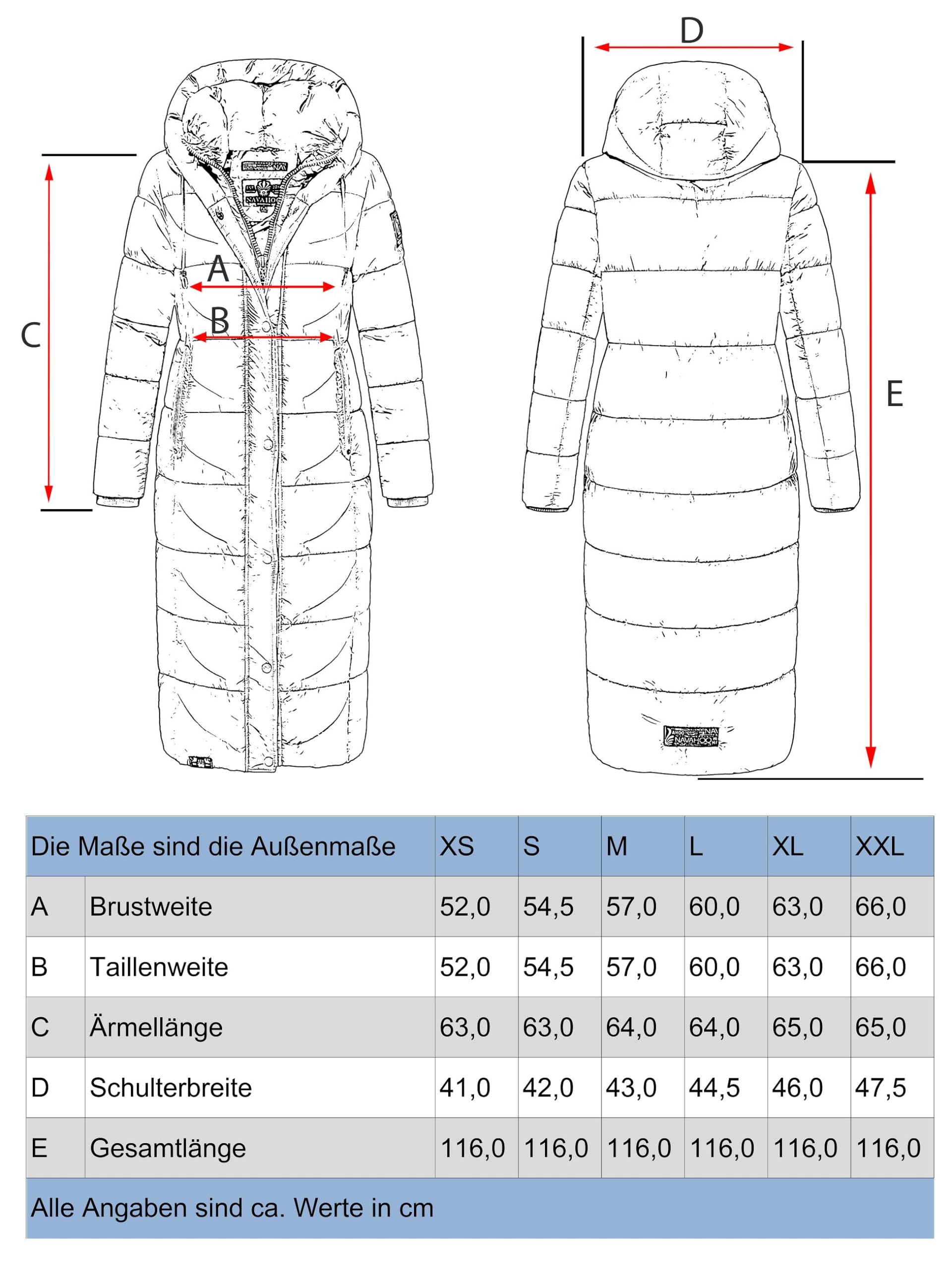 Navahoo Damski płaszcz zimowy, ciepły, pikowany, bardzo długi, z kapturem, waflowy XS-XXL