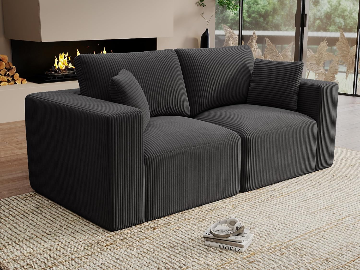 Modular Loveseat Cloud Couch, 79" Memory Foam Boneless Double Sofa, Cozy Upholstered Corduroy Frameless Furniture, No Assembly Required Small Couch for Apartment Living Room Office, Black