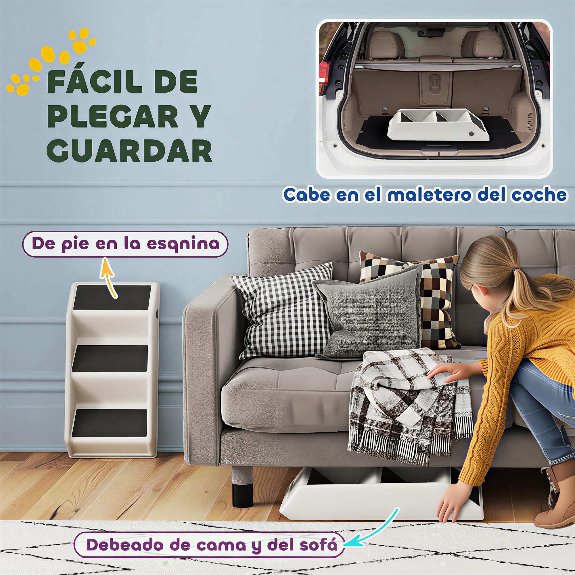 PawHut Escalera para Perros Plegable de 3 Peldaños Portátil Escalera para Mascotas Mayores Perros Pequeños Gatos para Sofá y Cama 53x30,5x36,5 cm Blanco Crema