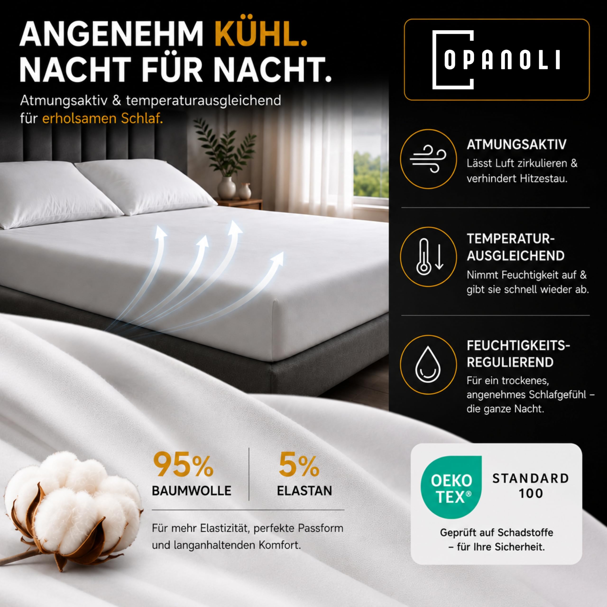 Spannbettlaken 220 g/m² Baumwoll-Jersey, 5% Elastan, 30 cm Steghöhe - Schwarz, 200 x 200