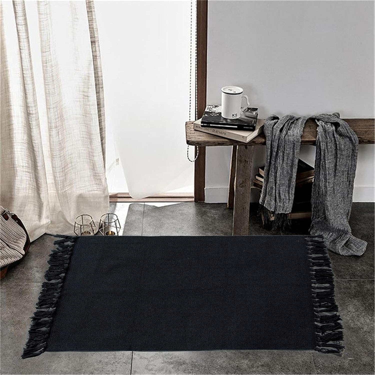 2PCS Cotton Throw Rug Set with Non-Slip Rug Pad, RoomTalks Grey Boho Reversible 2’x3’ Small Area Rug and 2’x4.4’ Runner Rug Kitchen Rugs and Mats Set Bathroom Floor Carpet Doormat (Combo, Dark Grey): Home & Kitchen