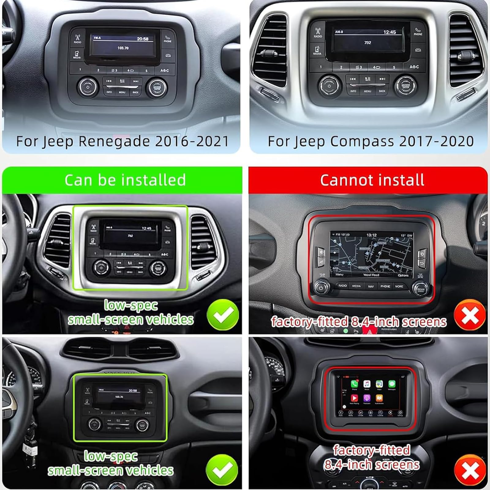 7-calowe Stereo Samochodowe Z Systemem Do Jeep Renegade 2015-2020 I Compass 2017-2020 Z Bezprzewodowym CarPlay Android Auto Ekranem Dotykowym Radiem Z Mirror Link/1080P/EQ/WiFi/SWC/Bluetoo(Color:M200)