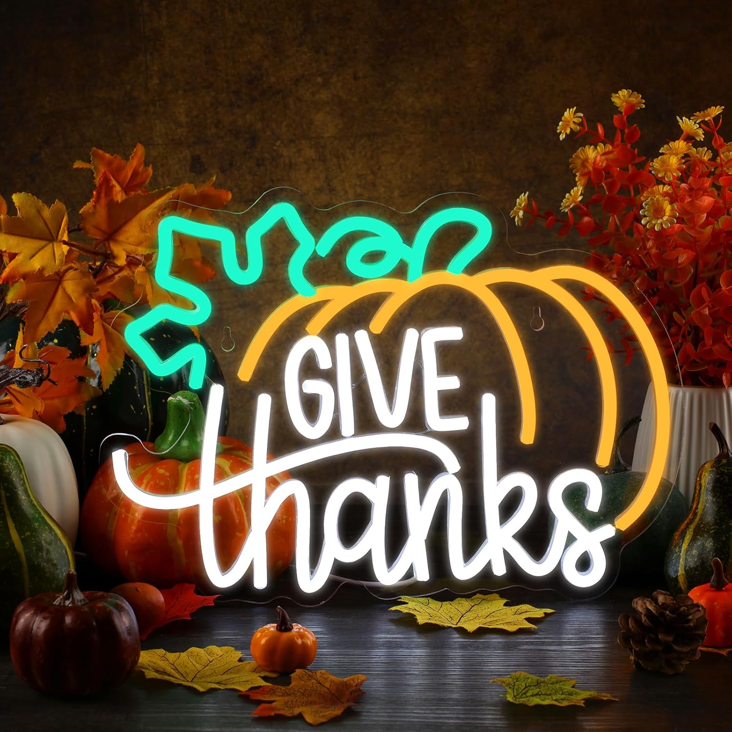Treela Thanksgiving Pumpkin Neon Sign Give Thanks Neon Light for Fall Thanksgiving Wall Decorations LED USB Pumpkin Light Sign for Bar Table Living Room Bathroom Kitchen Mantel Decor