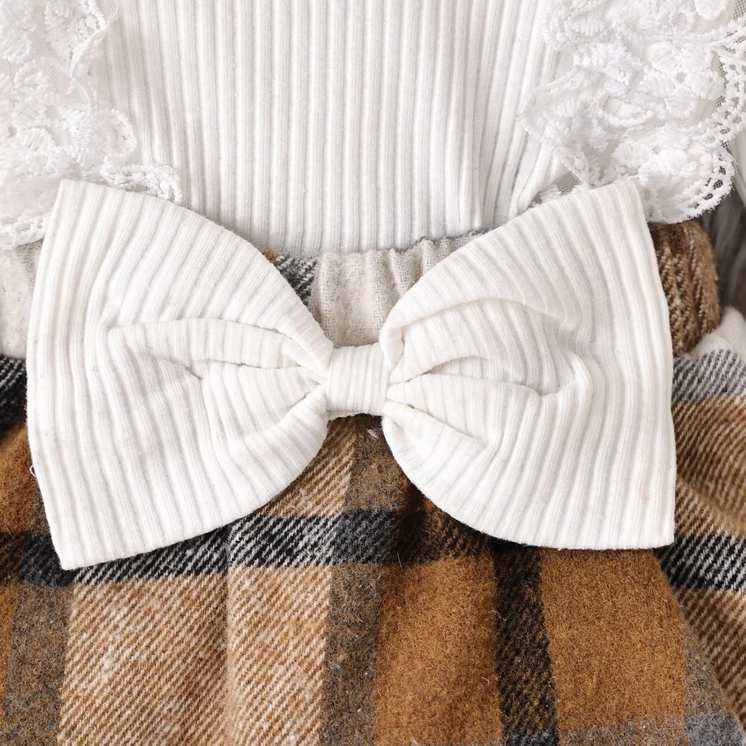 Baby Girl Clothes Fall Winter Outfit Plaid Romper Long Sleeve Dress Lace Ruffles Bodysuit with Bow Headband - Image 6