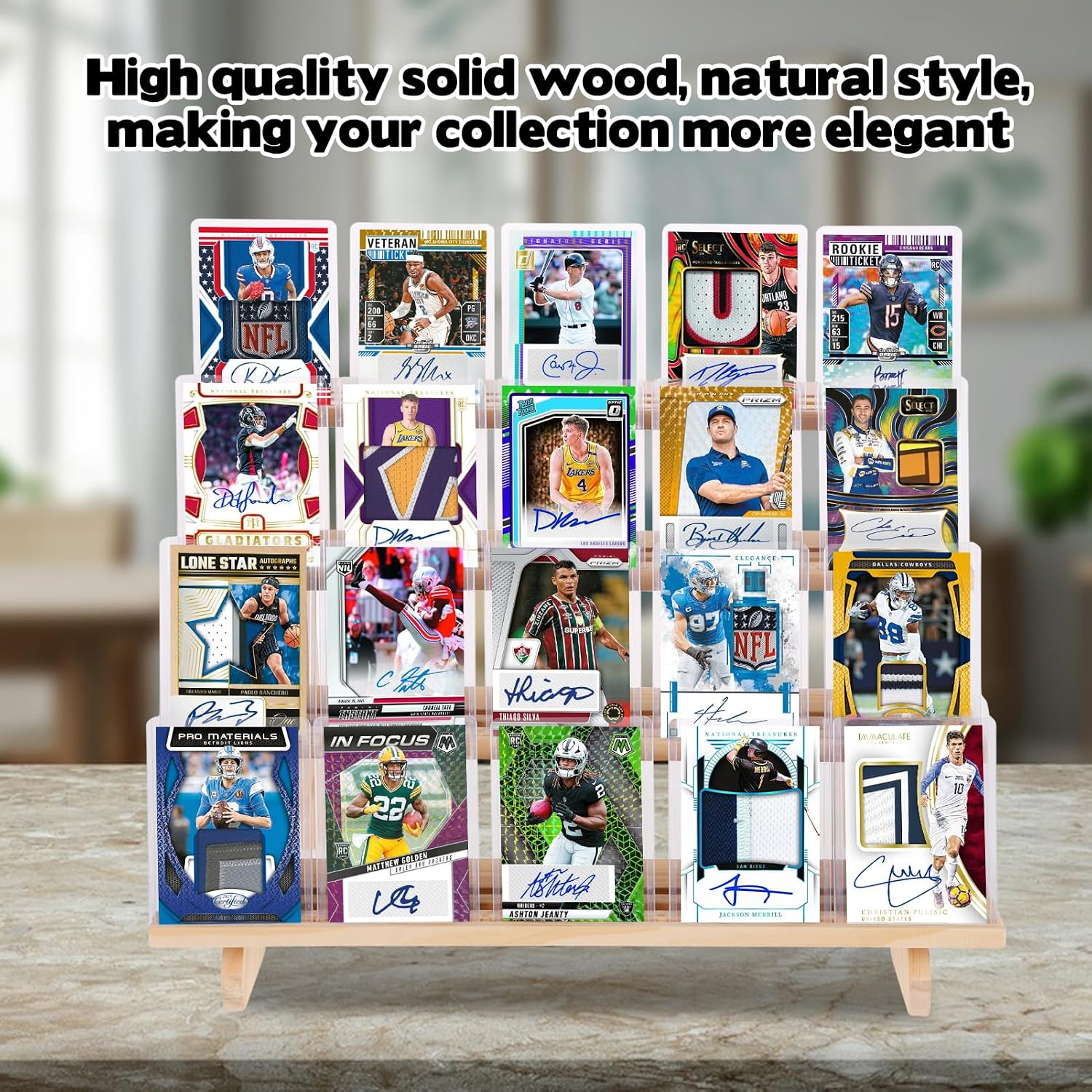 Trading Card Display Stand, 4-Tier Wooden Card Holder for Graded Sports and TCG Cards Tabletop Display Holder Compatible with PSA, CGC, BGS Slabs, Solid Wood Shelf Stand for Card Collection & Show