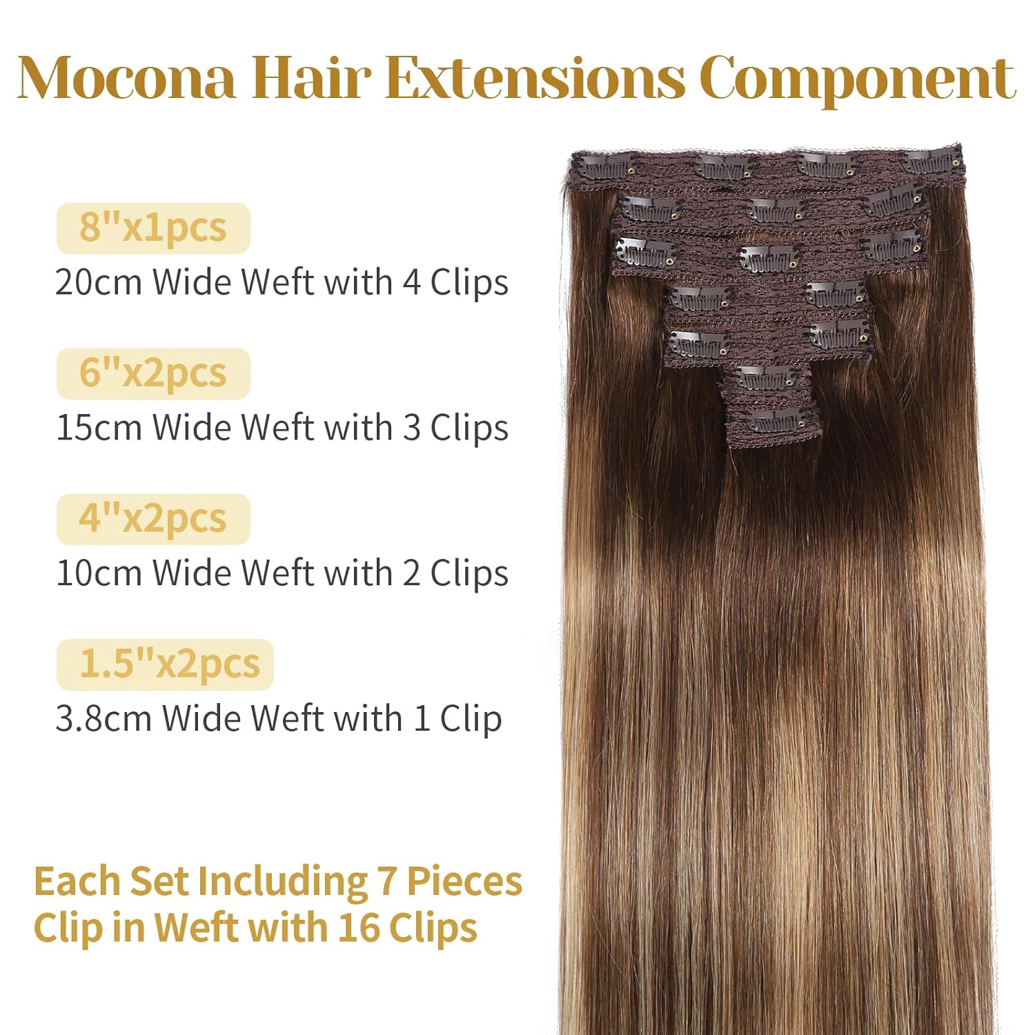 Clip in Hair Extensions Real Human Hair, 14 Inch 7pcs 70g/Pack - Ombre Chocolate Brown to Caramel Blonde, Soft Hair Extensions Real Human Hair Clip ins Straight for Women (14 Inch)