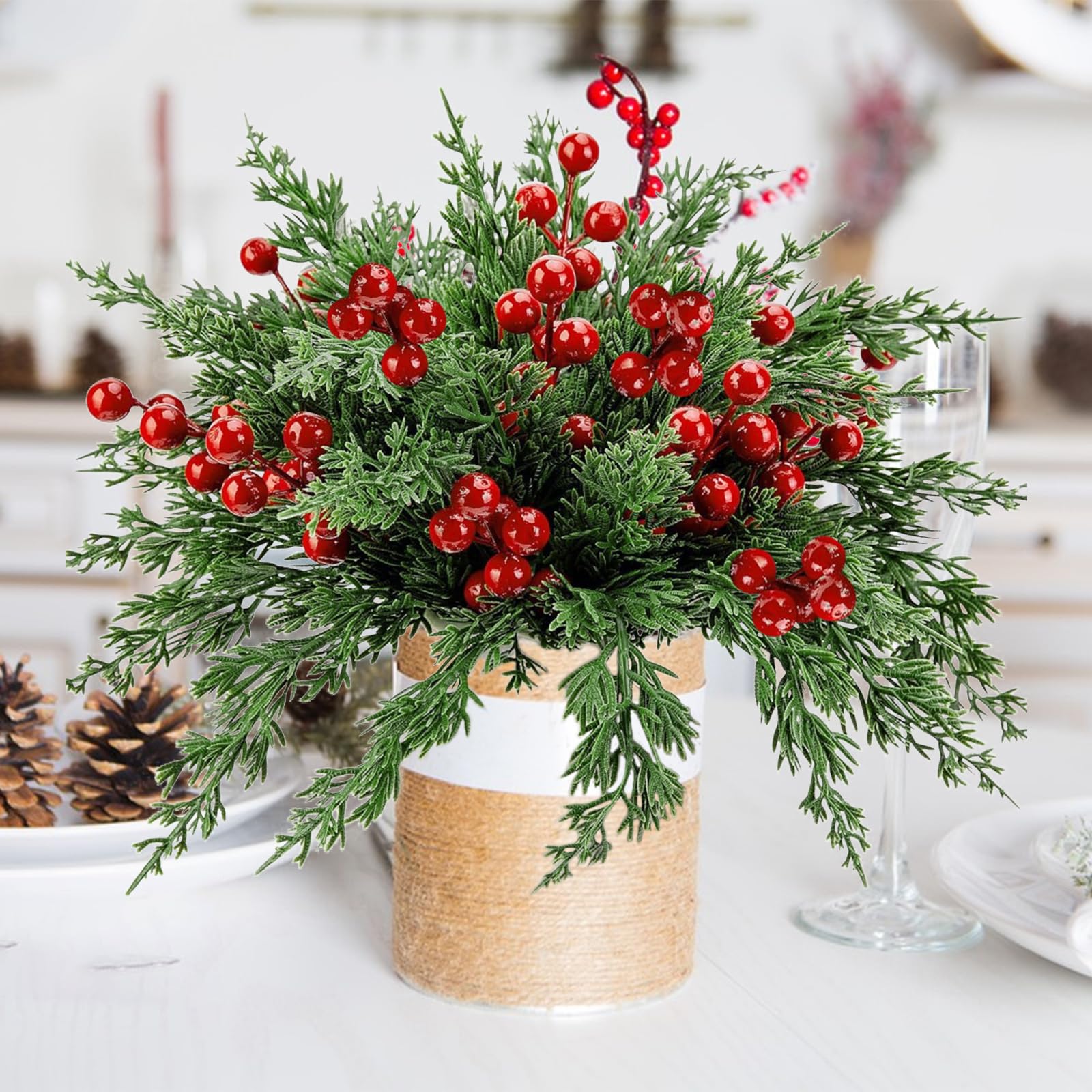 Weihnachtszweige Für Vase 60-teiliges Kunst-Tannenzweig-Set Mit Roten Beeren – Weihnachtsdeko Zum Basteln Von Kränzen, Gestecken & Vasen