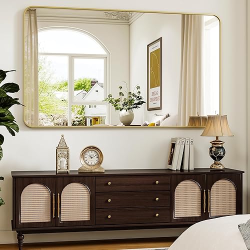 Vista 30 de Espejo de baño dorado de 30 x 22 pulgadas para pared, marco de aleación de aluminio, espejo rectangular montado en la pared para decoración