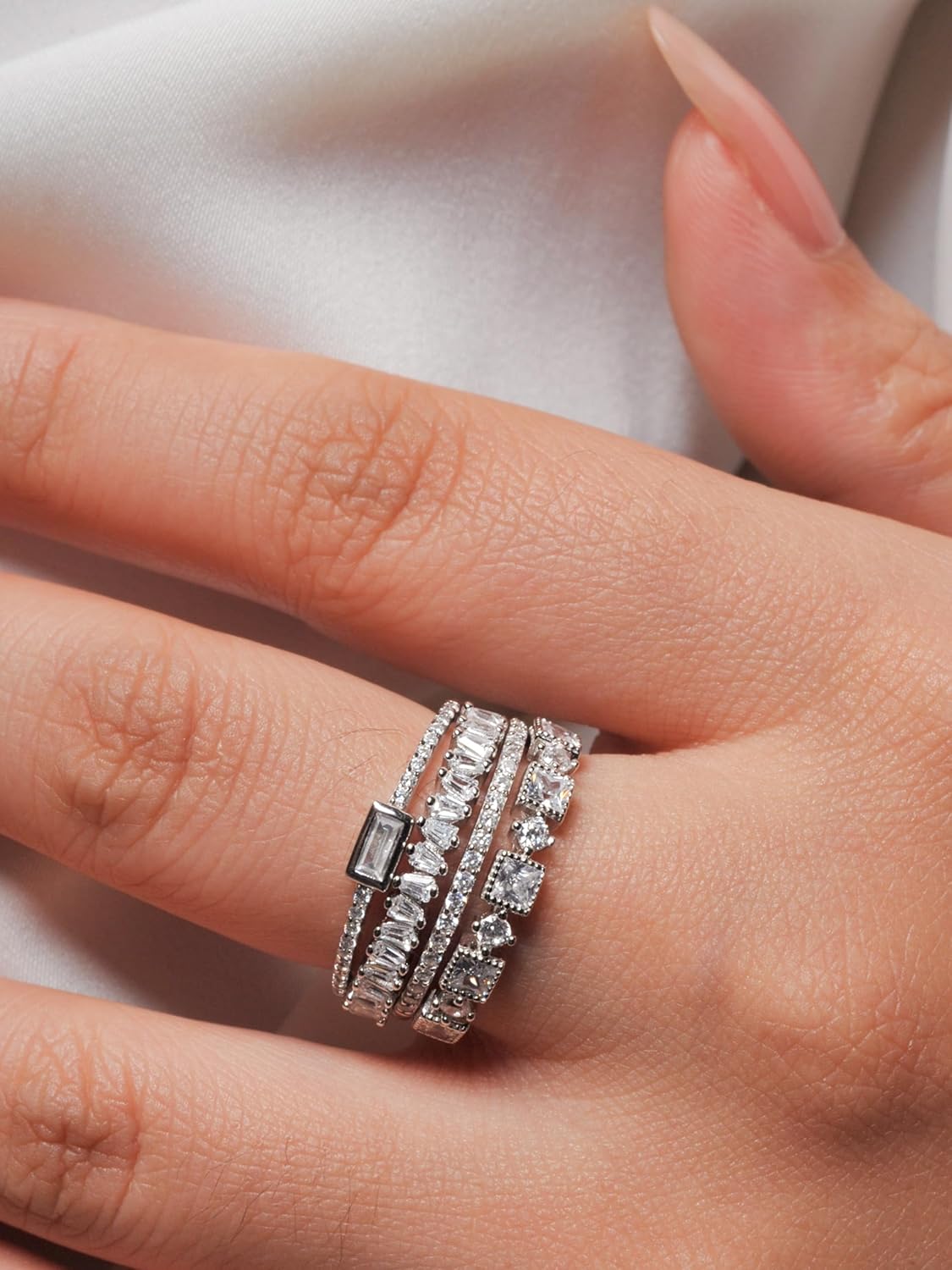 4 Pcs Cubic Zirconia Wedding Bands for Women 925 Sterling Silver, 14k White Gold Plated AAA CZ Solitaire Eternity Rings, Stackable Simulated Diamond Engagement Wedding Ring Sets for bride - Image 6