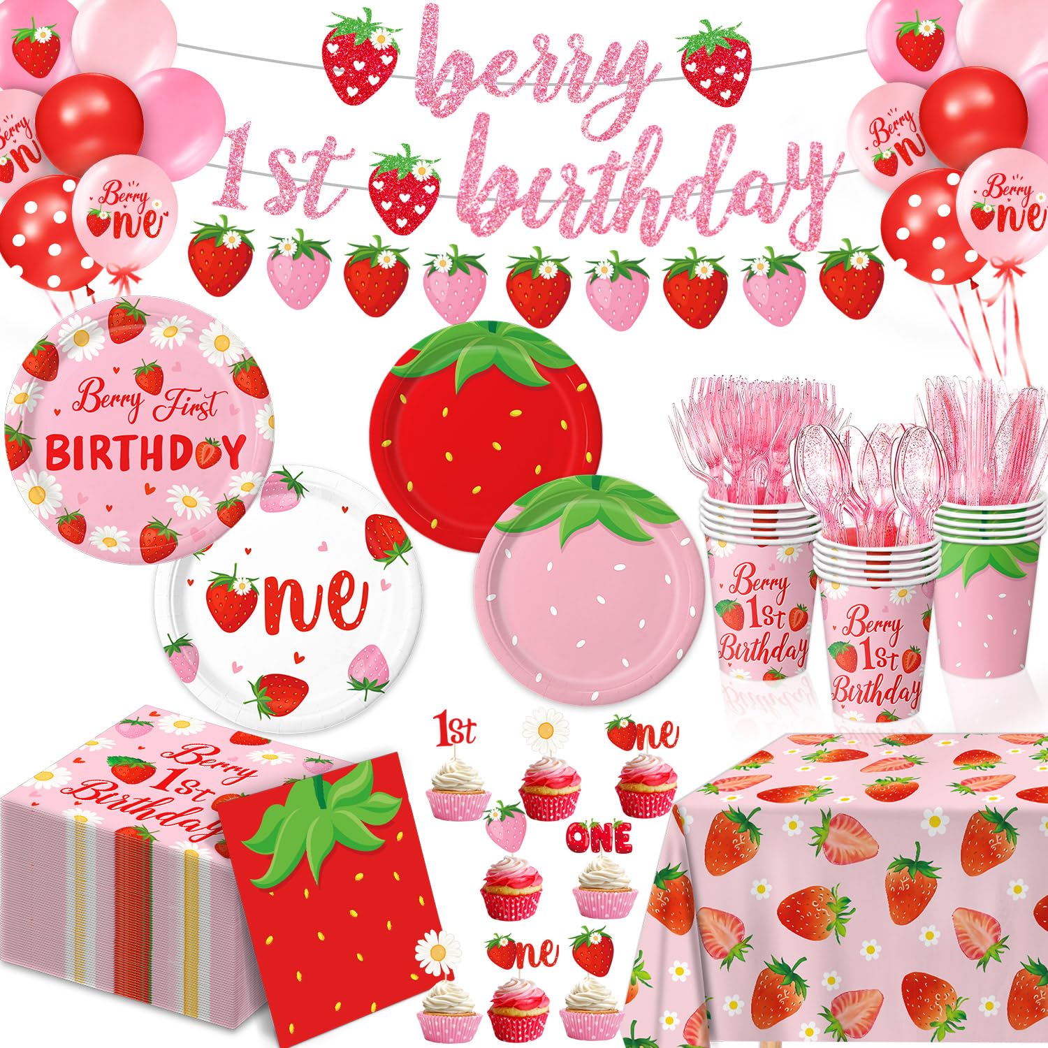 Berry First Birthday Decor Strawberry 1st Birthday Decorations for Plates, Napkins, Cups, Cutlery, Cupcake Toppers, Banner, Tablecloth, Balloons for