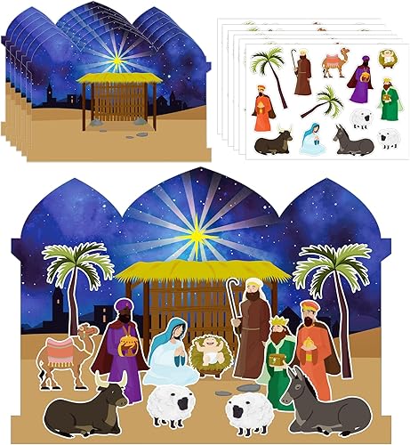FLYAB Calcomanías de Natividad, 12 juegos de calcomanías de belén cristiano para niños, fiestas religiosas, juegos de actividades para Navidad,