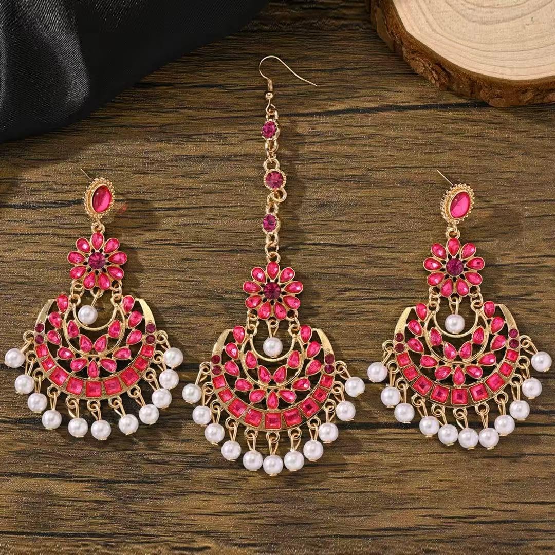 Maang Tikka with Indian Jhumka Earrings Gold Kundan Hair Chain,Bollywood Style Devsen Faux Pearl Gold Plated Temple Jewelry Set for Women, Grand Festival Wedding Earrings(Pink)