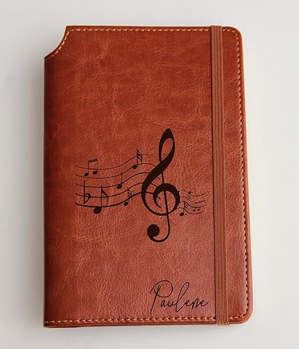 Personalized Music Notes Journal with Custom text or custom initials engraved Journal leather bound, strip with the same color to keep it closed