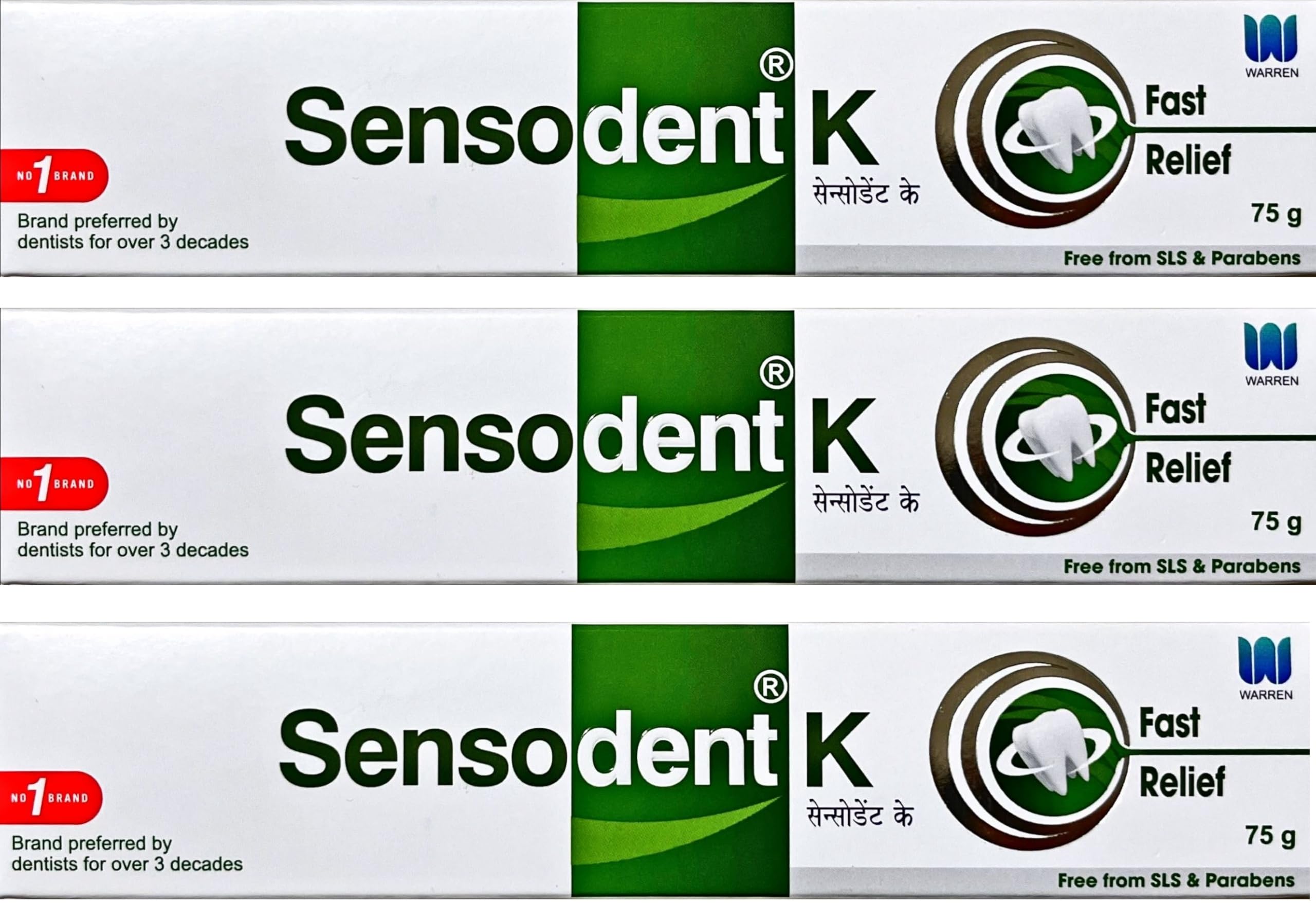 SENSODENT K Fast Relief Toothpaste 75 g (Pack of 3) - Free from SLS & Parabens