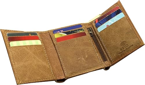 Miniatura 9 de MARSHAL RFID bloqueo de cuero de vaca para hombre fuera tarjeta de crédito titular triple marrón cartera, Beige Bronceado, Trifold