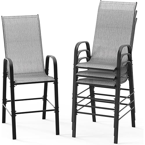 VINGLI Set of 4 Stackable Outdoor Bar Stools – Sling Chairs with High Back & Armrests, for Lawn, Garden, Bar, Grey