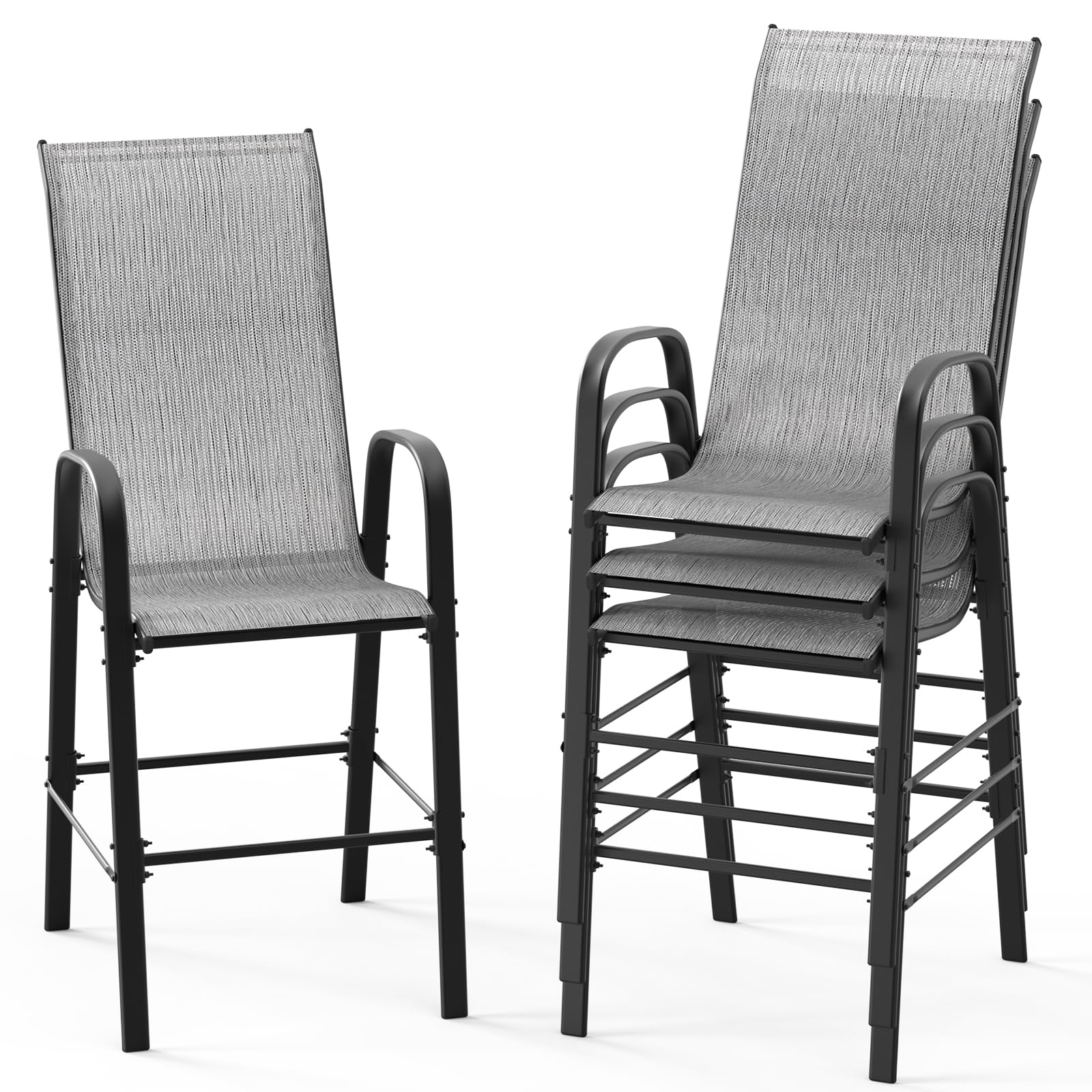 VINGLI Set of 4 Stackable Outdoor Bar Stools – Sling Chairs with High Back & Armrests, for Lawn, Garden, Bar, Grey