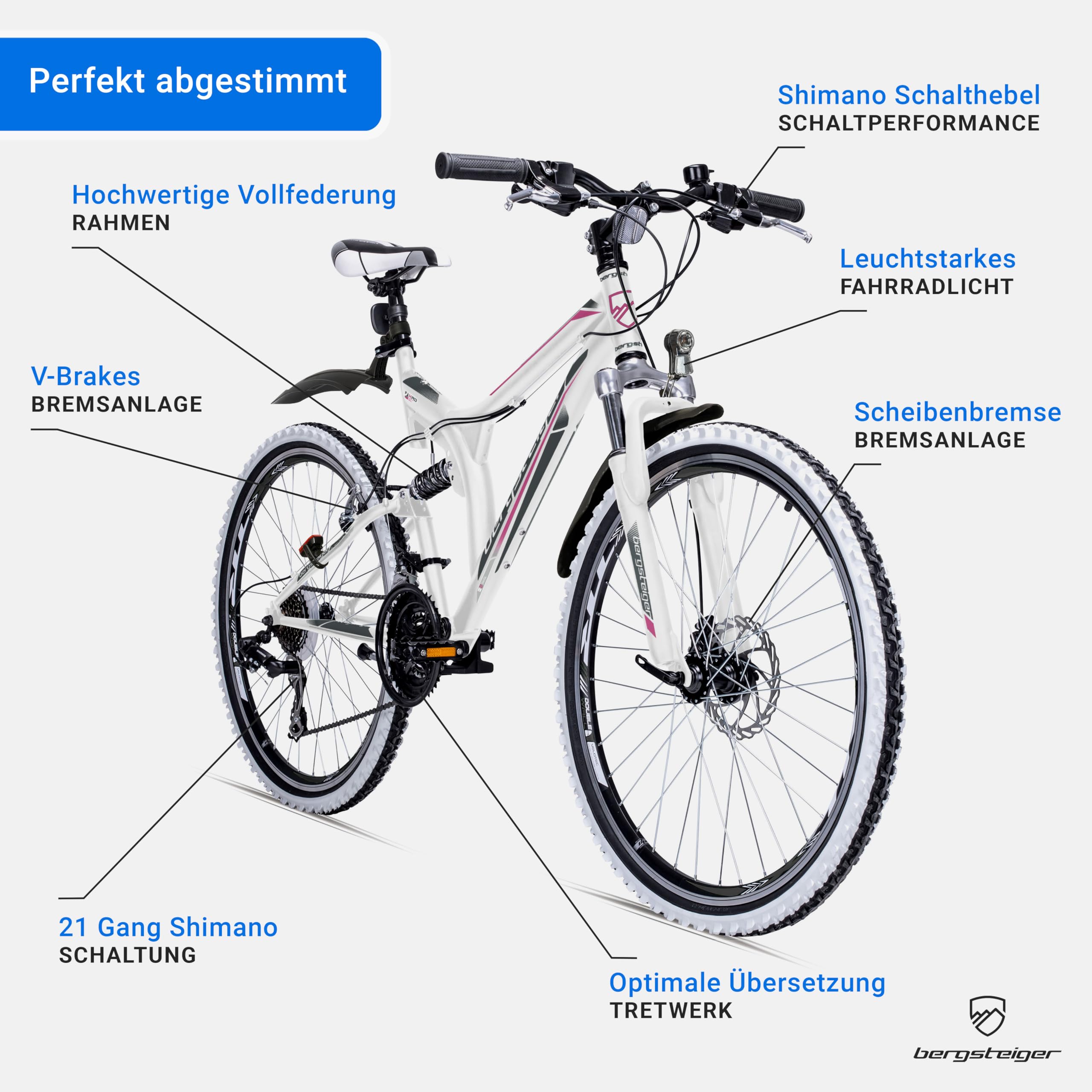 Bergsteiger Phoenix 26 Zoll Mountainbike Fully mit Vollfederung | Perfekt für den Weg zur Schule oder Arbeit ab 160 cm Größe. Mit 21 Gängen, Licht und zu 90 Prozent fertig vormontiert.